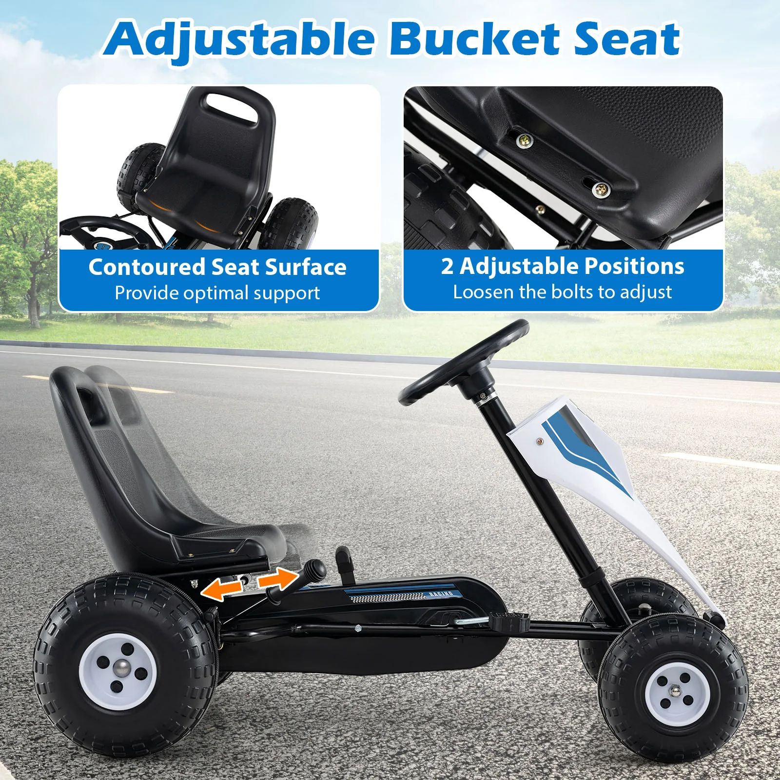 4-Wheel Ride On Toy Pedal Go Kart for Kids with Steering Wheel and Safe Handbrake, White - Image 7
