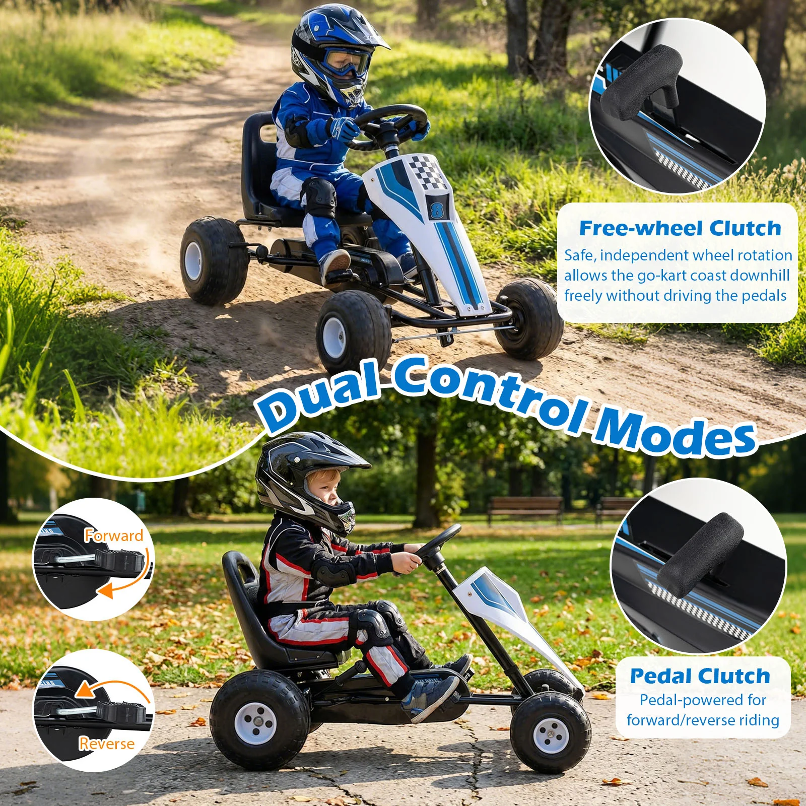4-Wheel Ride On Toy Pedal Go Kart for Kids with Steering Wheel and Safe Handbrake, White - Image 8