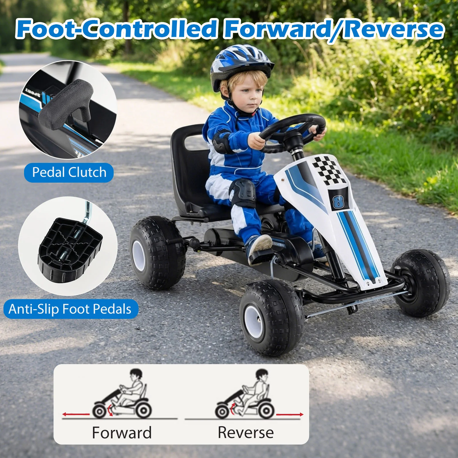 4-Wheel Ride On Toy Pedal Go Kart for Kids with Steering Wheel and Safe Handbrake, White - Image 9