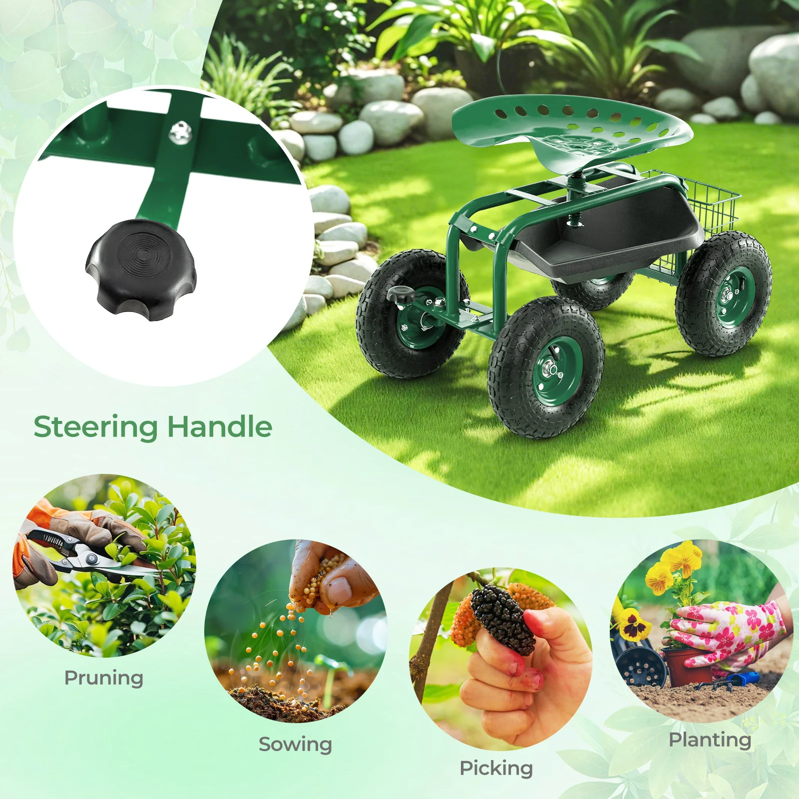 4-Wheel Rolling Garden Cart, Green - Image 10