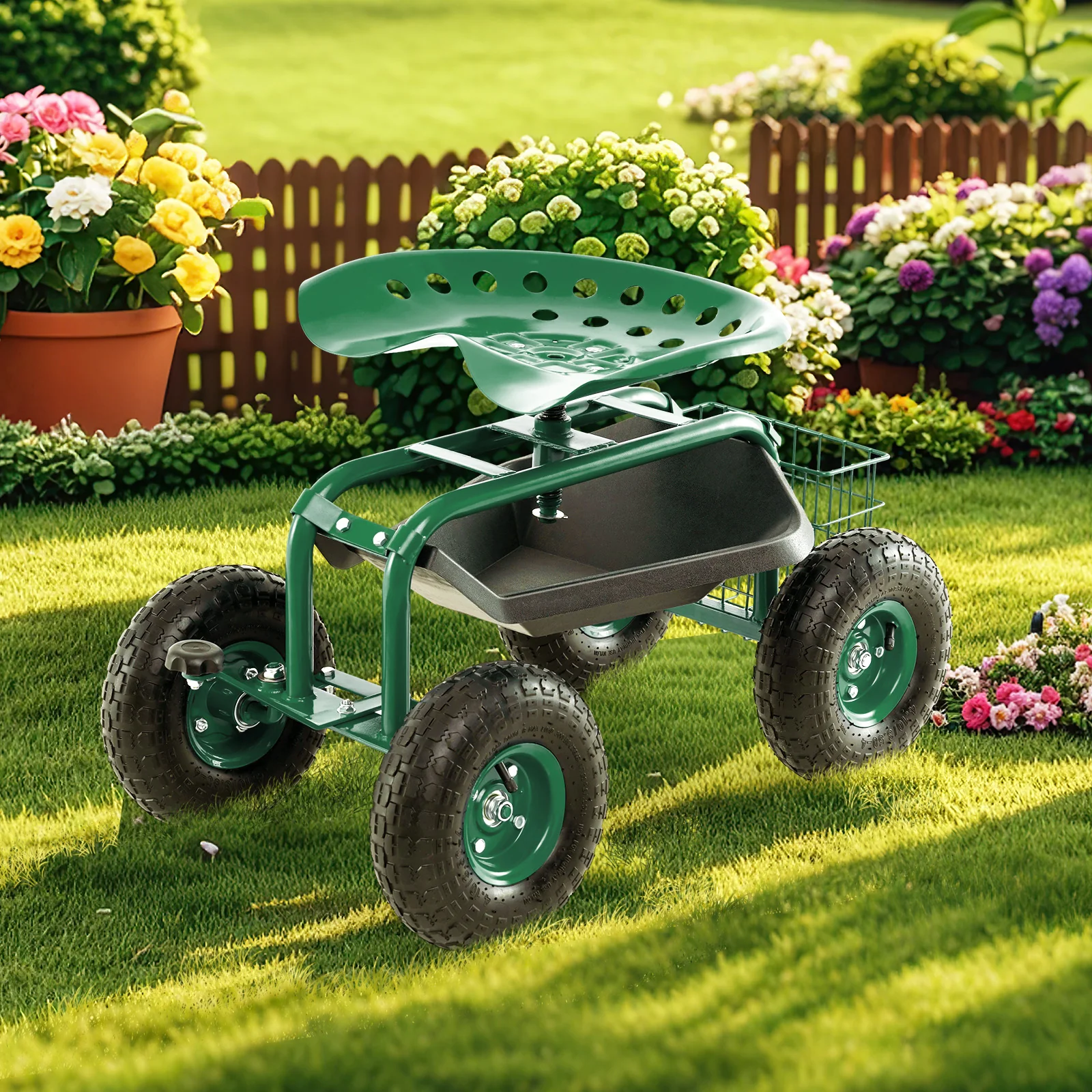 4-Wheel Rolling Garden Cart, Green - Image 3