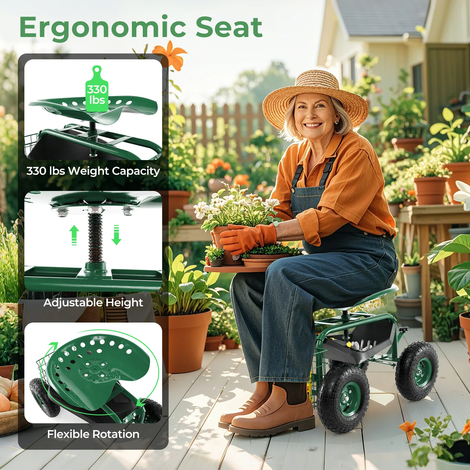 4-Wheel Rolling Garden Cart, Green - Image 8
