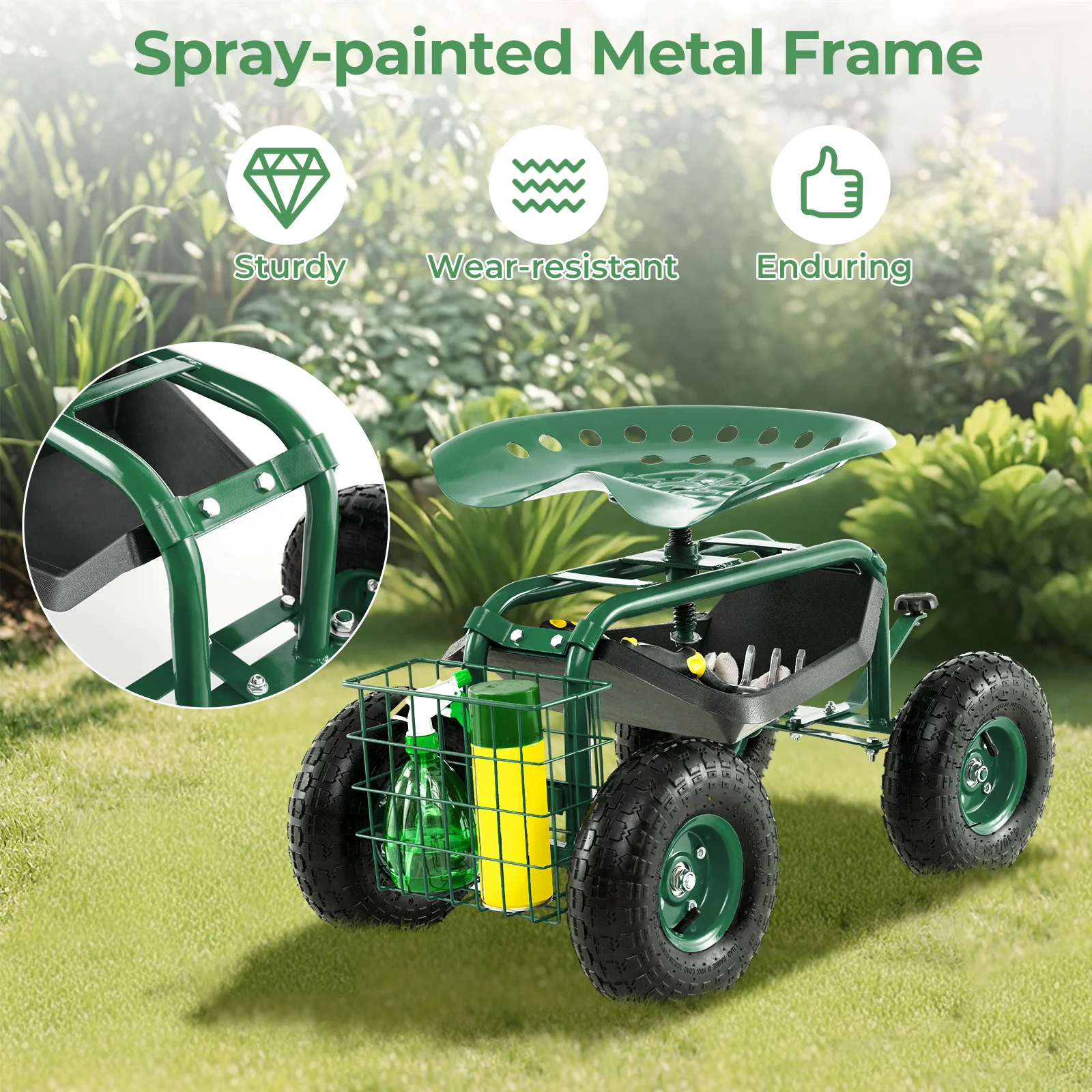 4-Wheel Rolling Garden Cart, Green - Image 9