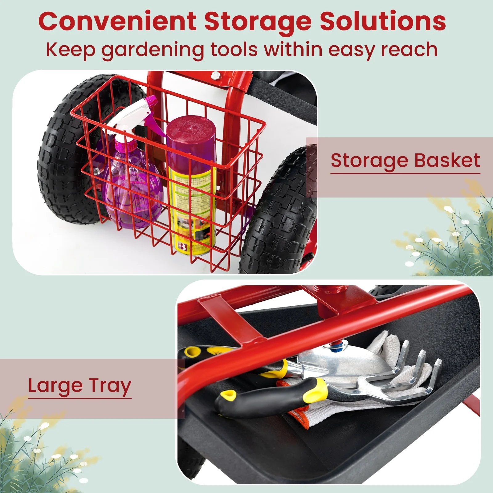 4-Wheel Rolling Garden Cart, Red - Image 10