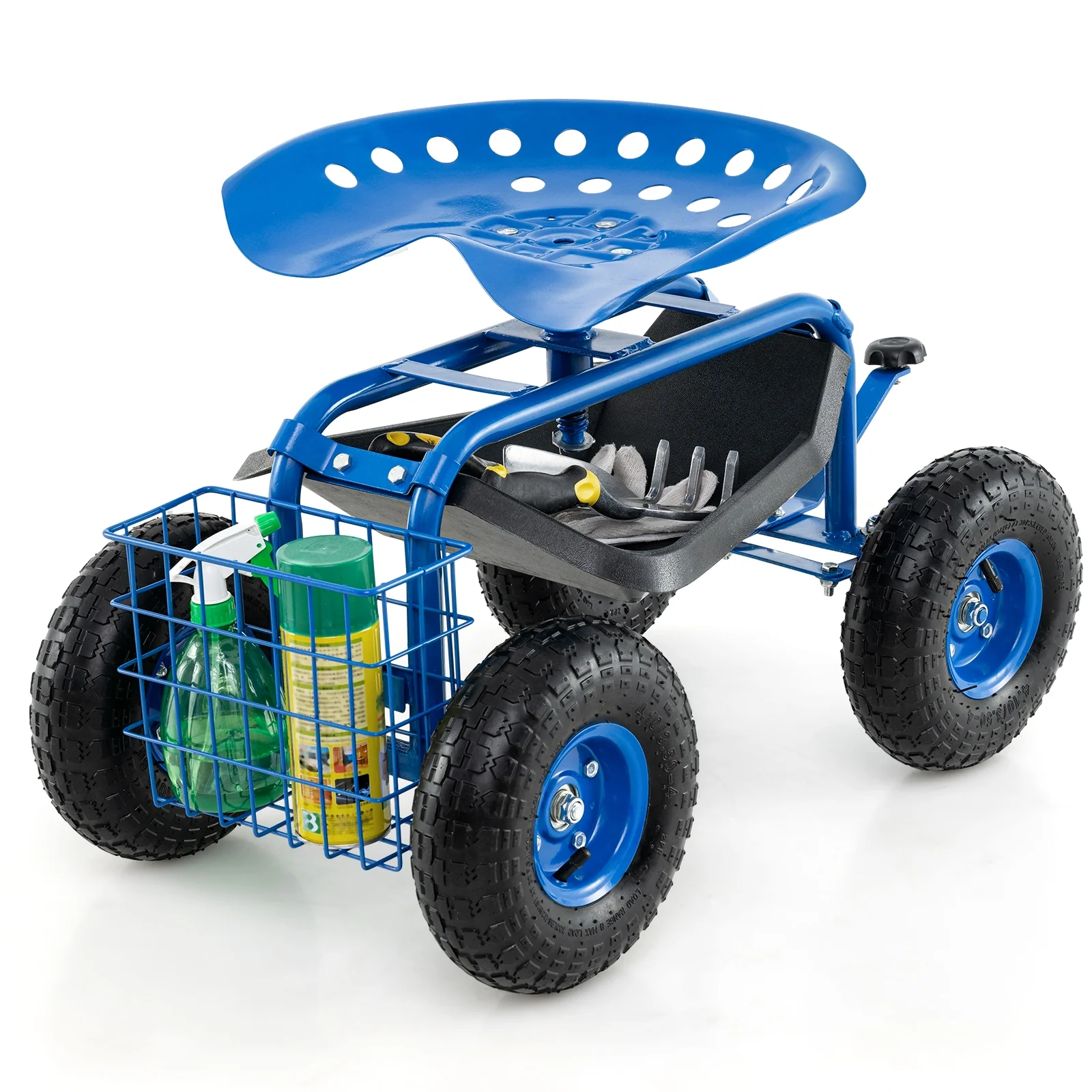 4-Wheel Rolling Garden Cart Work Seat, Blue - Image 5