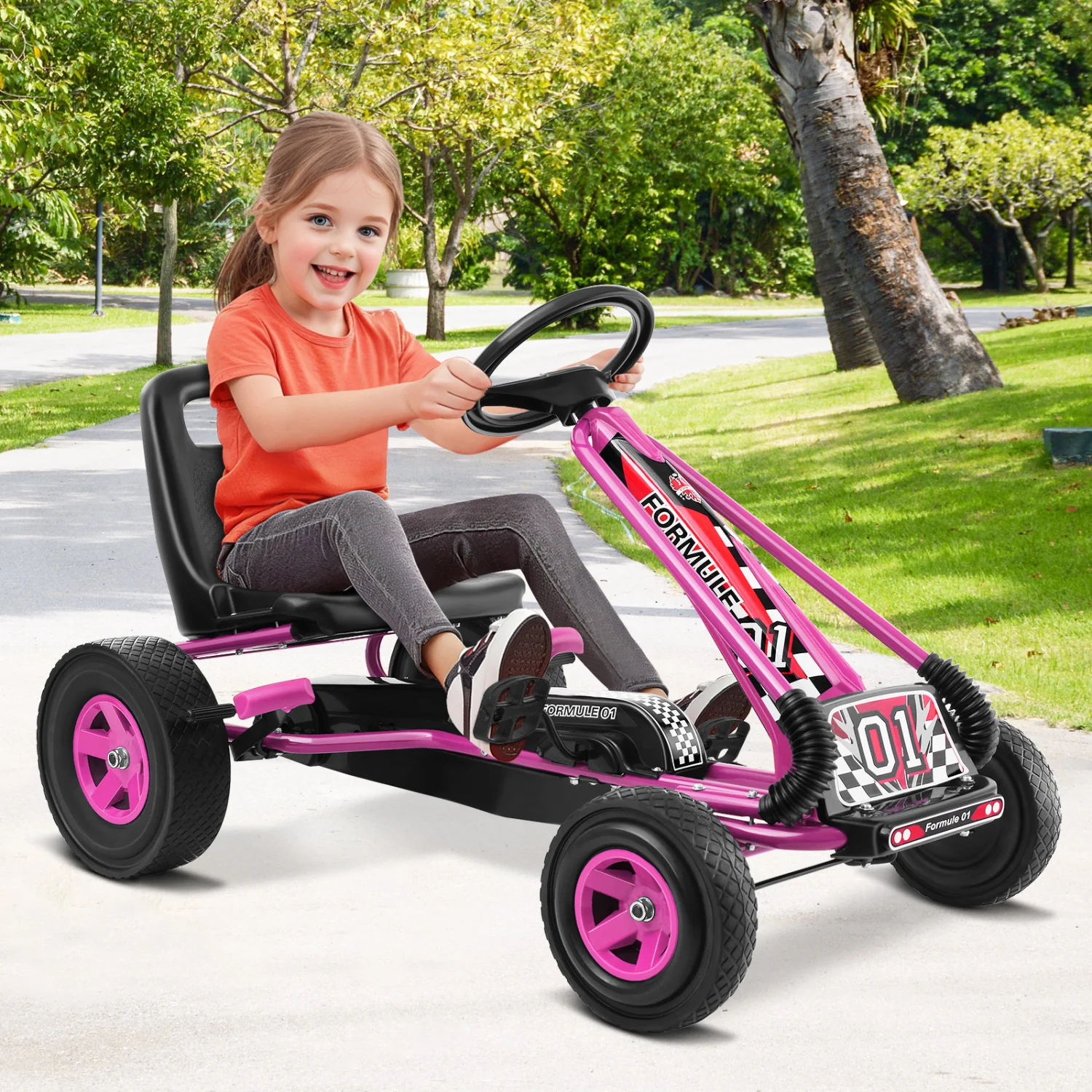 4 Wheels Kids Pedal Powered Bike Go Kart, Pink - Image 3