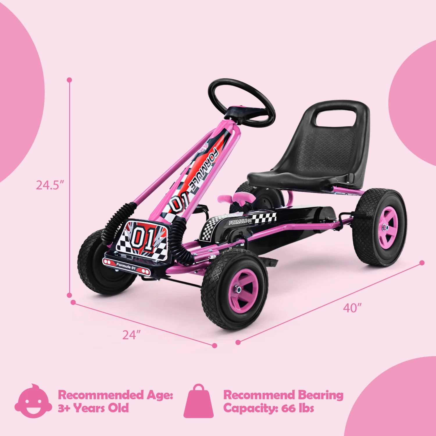 4 Wheels Kids Pedal Powered Bike Go Kart, Pink - Image 5