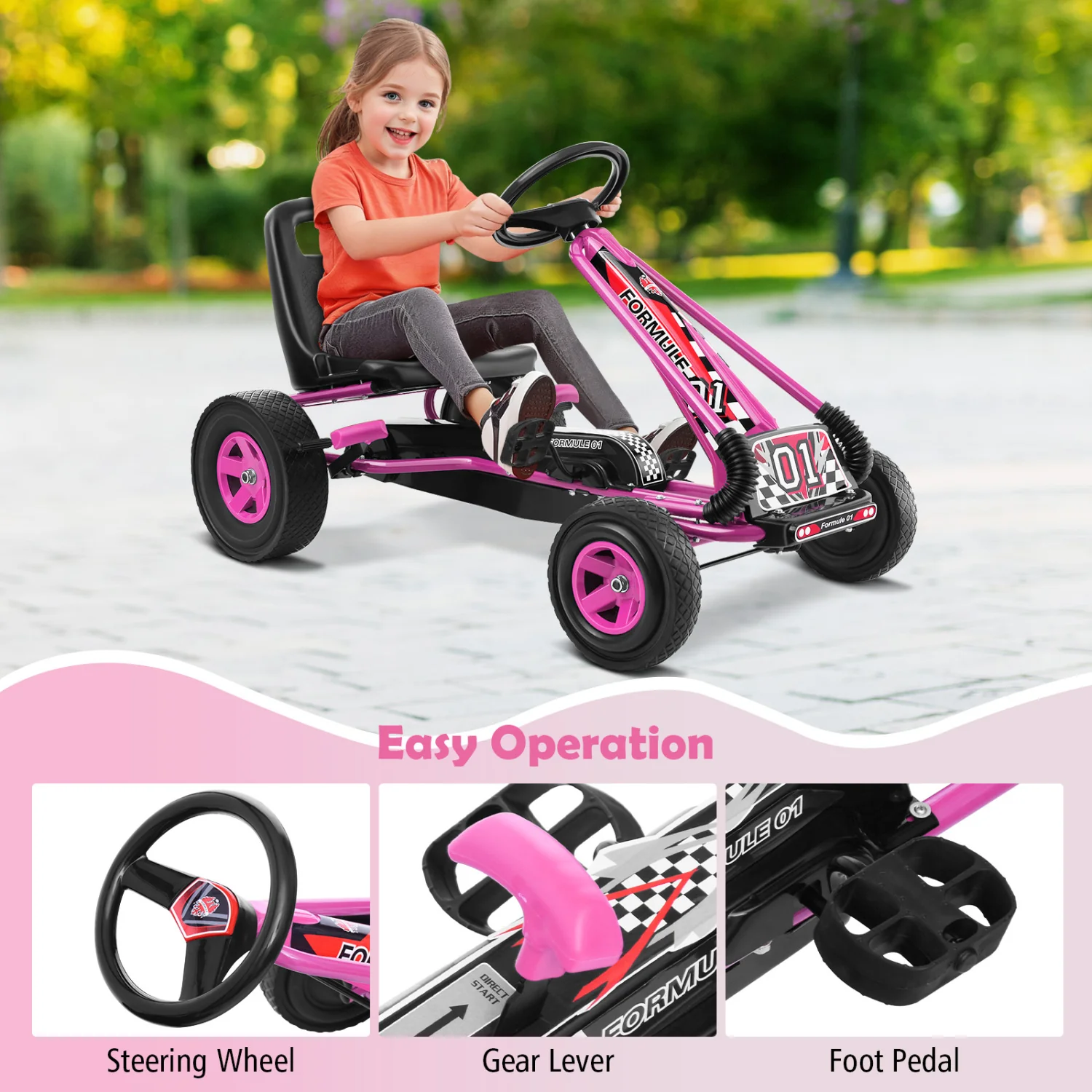 4 Wheels Kids Pedal Powered Bike Go Kart, Pink - Image 6