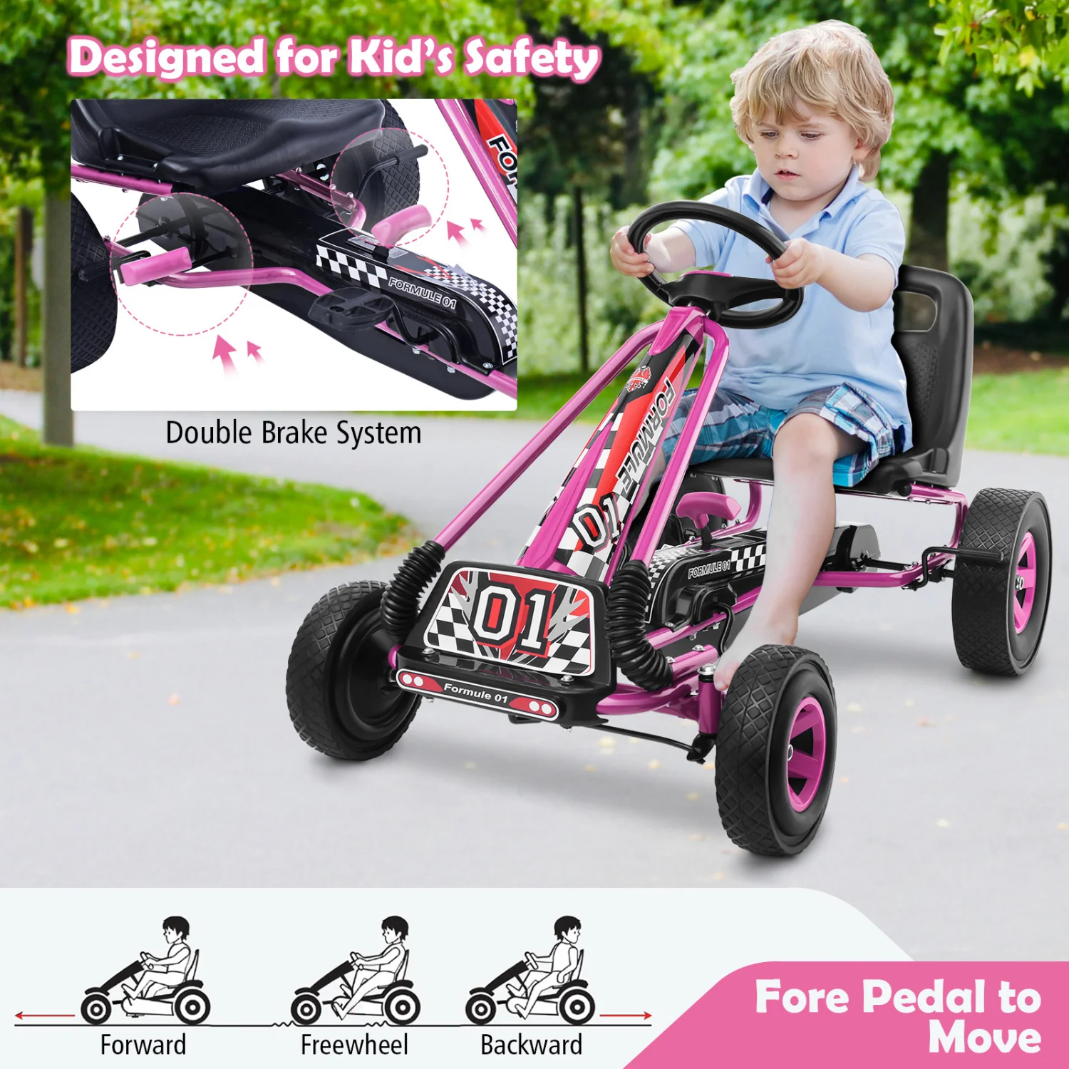4 Wheels Kids Pedal Powered Bike Go Kart, Pink - Image 8