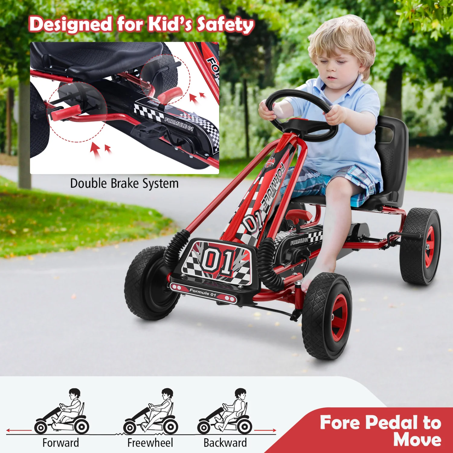 4 Wheels Kids Ride On Pedal Powered Bike Go Kart, Red - Image 9