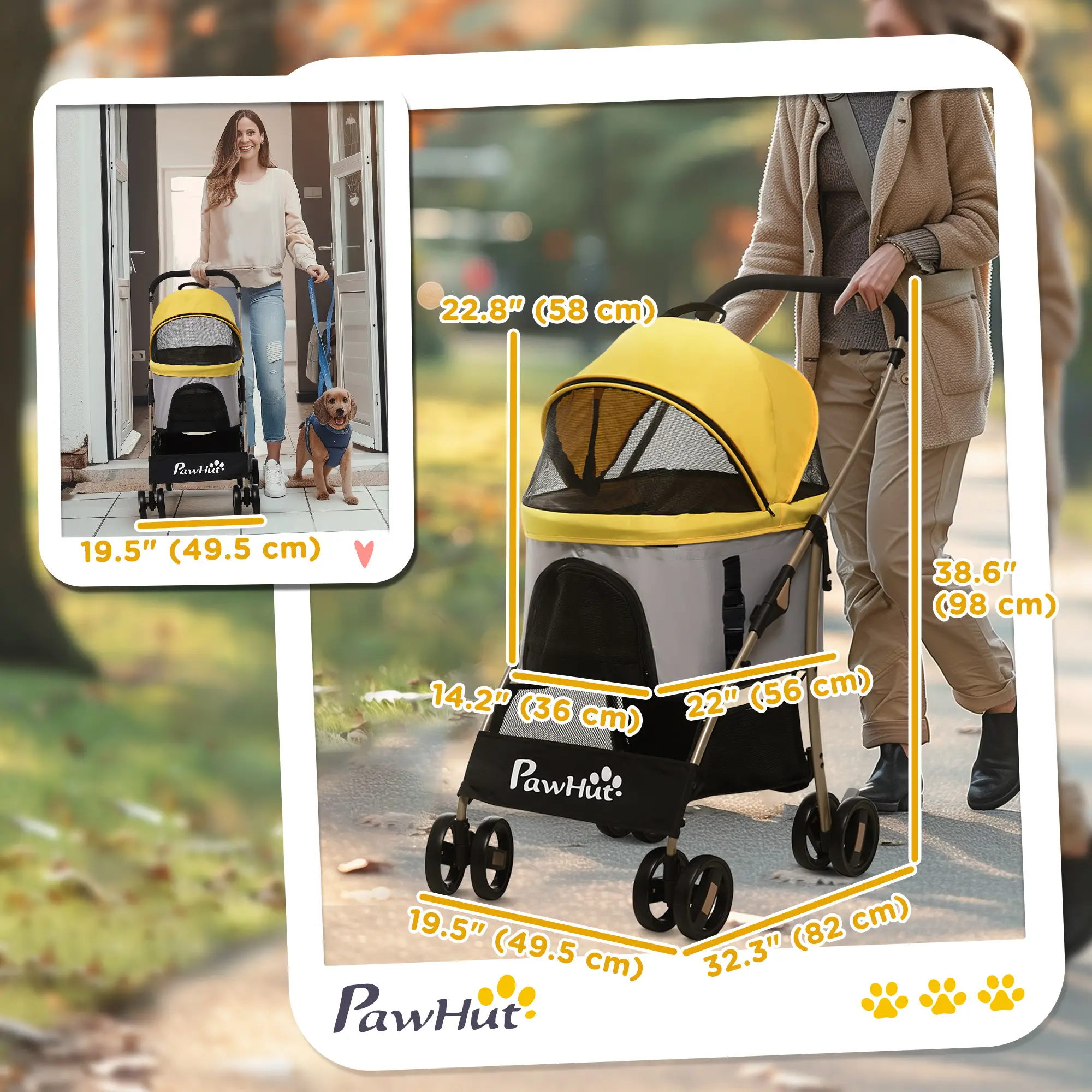 4 Wheels Pet Stroller, Folding Carrier for Small Dogs, Detachable, Yellow - Image 3