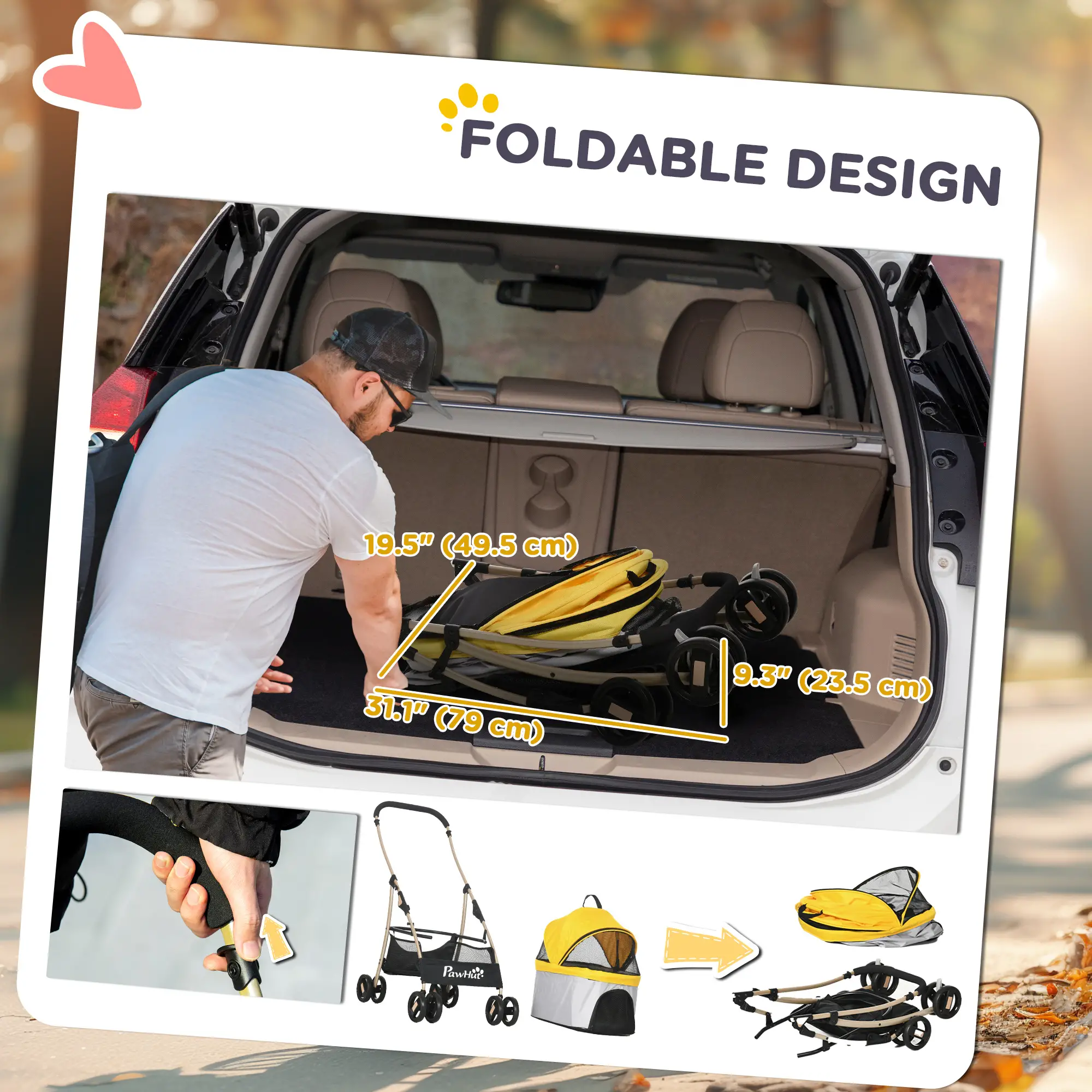 4 Wheels Pet Stroller, Folding Carrier for Small Dogs, Detachable, Yellow - Image 6