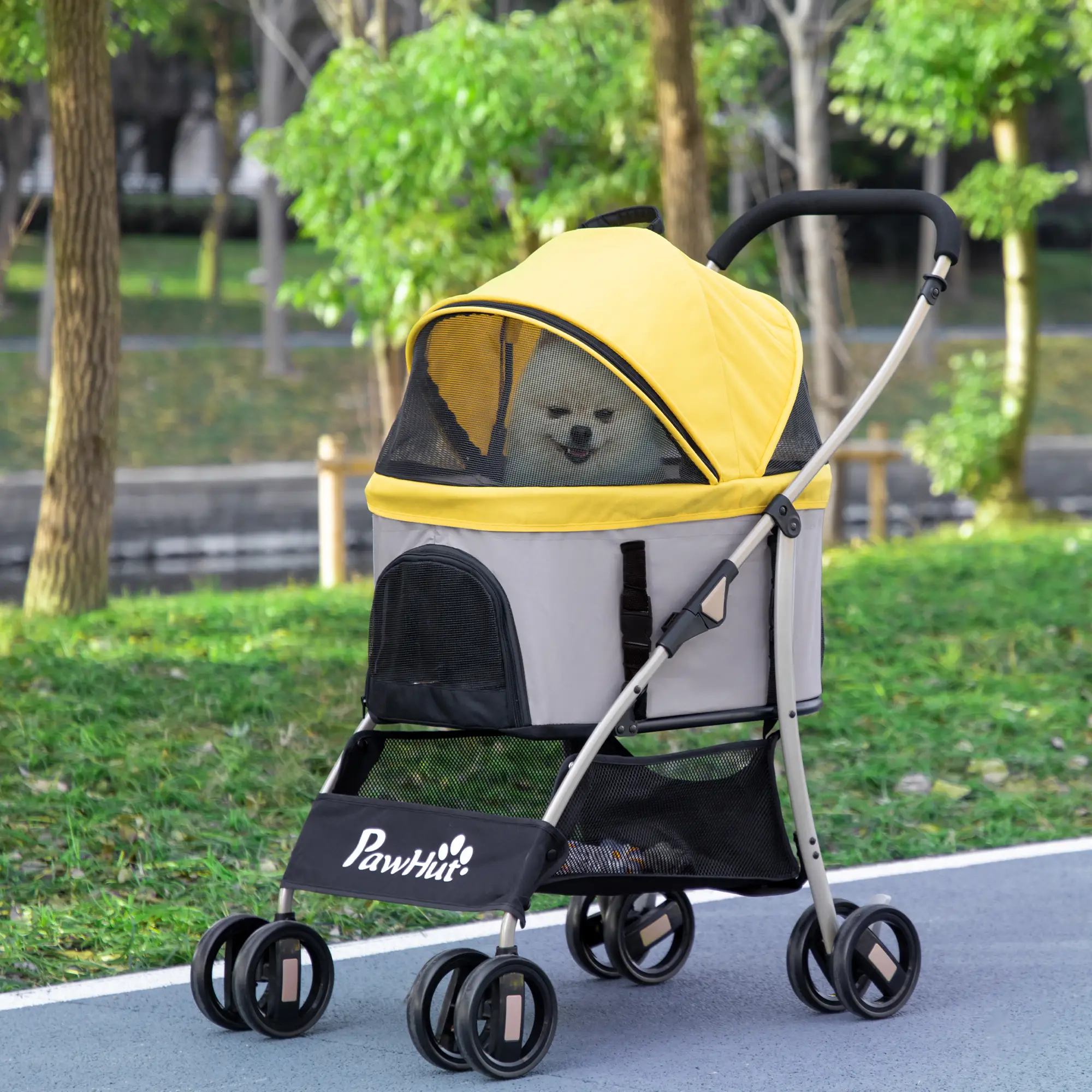 4 Wheels Pet Stroller, Folding Carrier for Small Dogs, Detachable, Yellow - Image 8