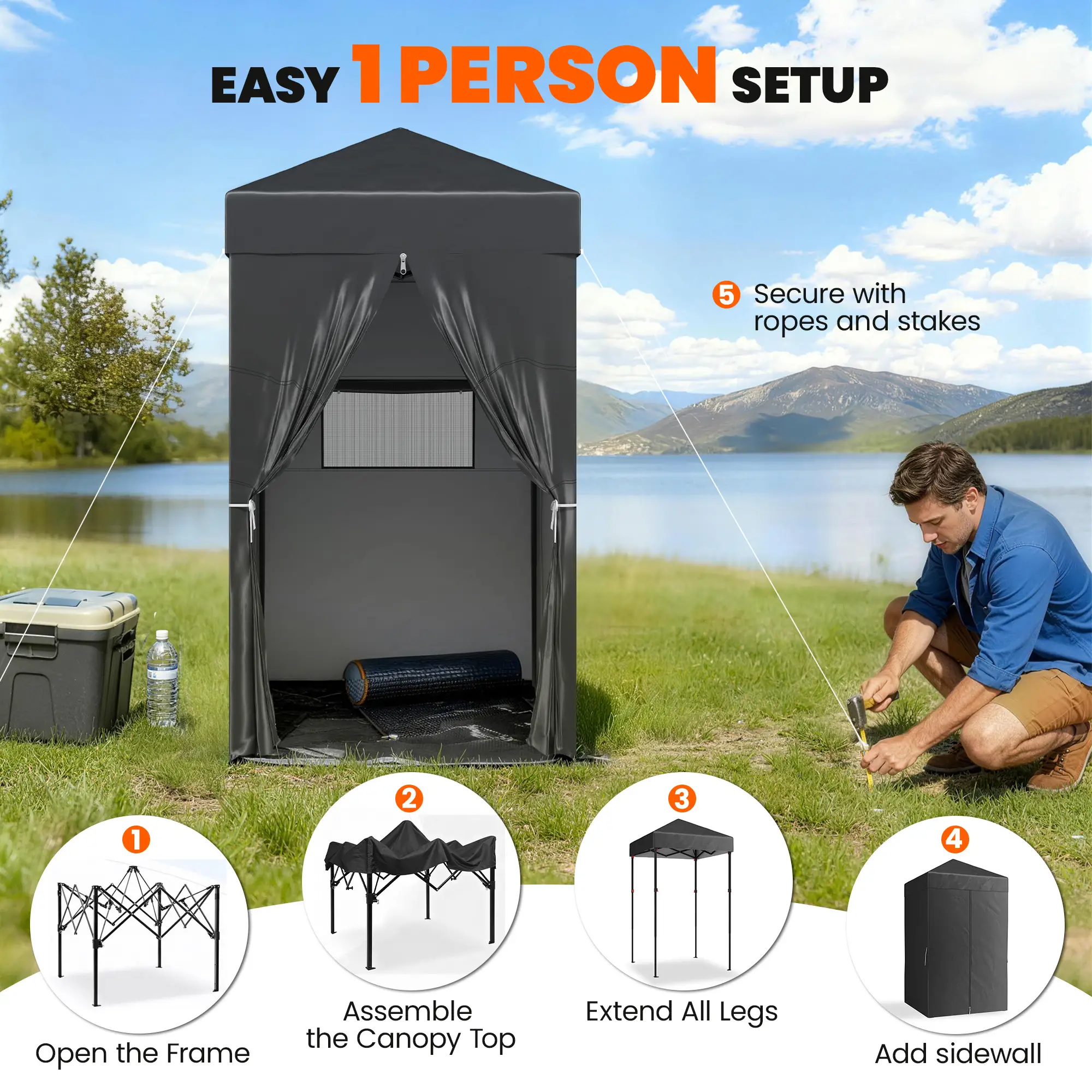 4 x 4 ft Compact Pop Up Canopy Tent, Portable Instant Privacy, Black - Image 5
