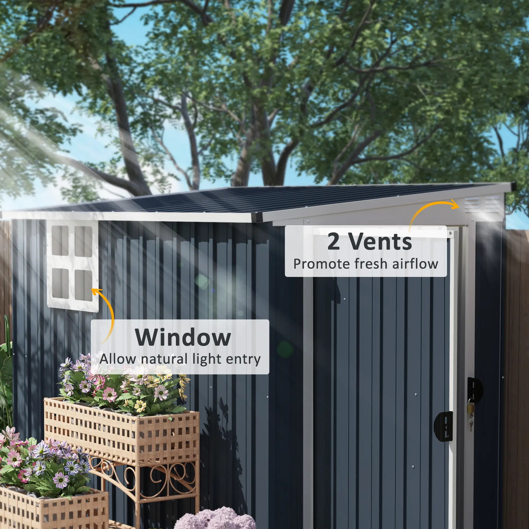 4' x 8' Metal Garden Shed, Outdoor Storage with Window, 2 Vents, Lockable Door - Image 4
