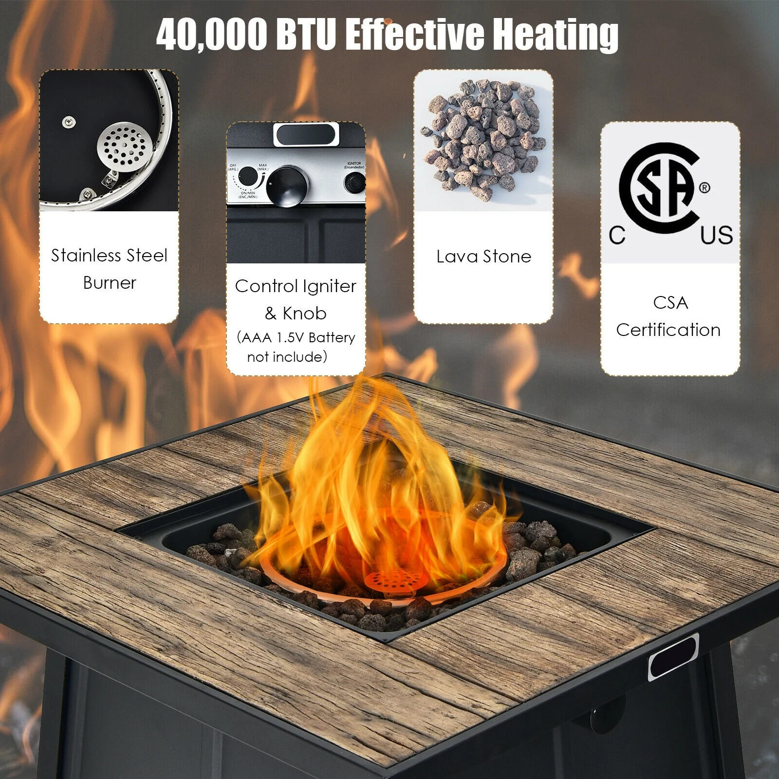 40,000 BTU 28 Inch Propane Gas Fire Pit Table, Black - Image 10