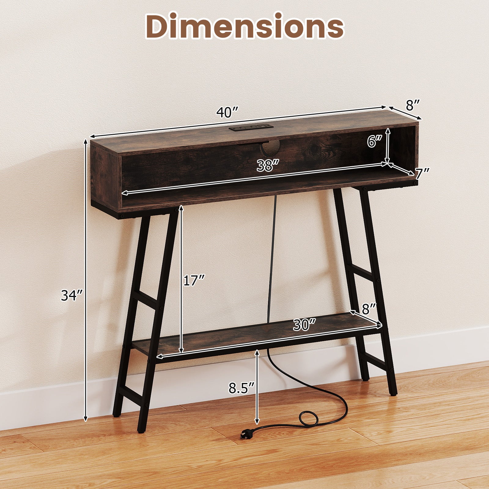 40" Console Table with Charging Station and LED Lights, Rustic Brown - Image 5
