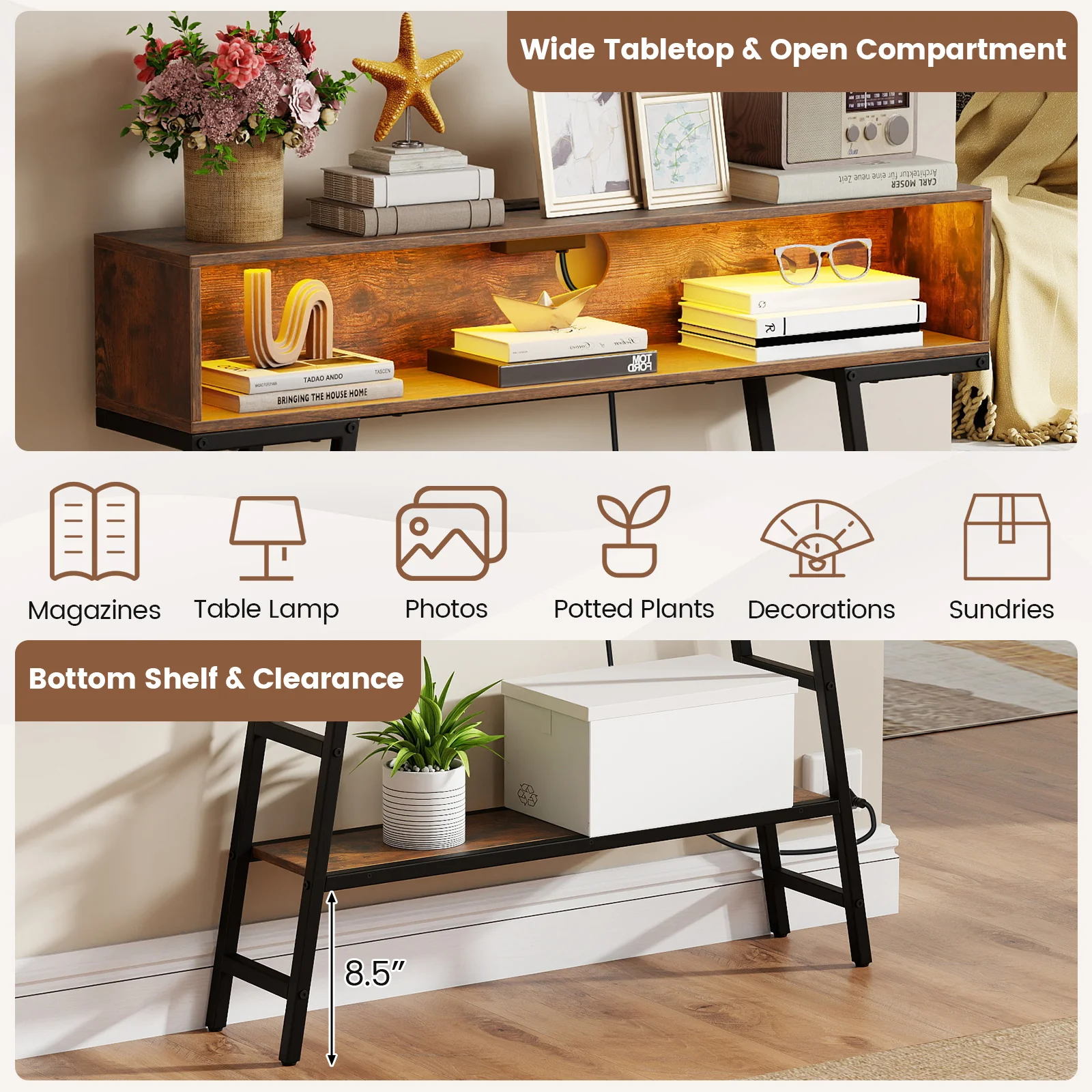 40" Console Table with Charging Station and LED Lights, Rustic Brown - Image 6