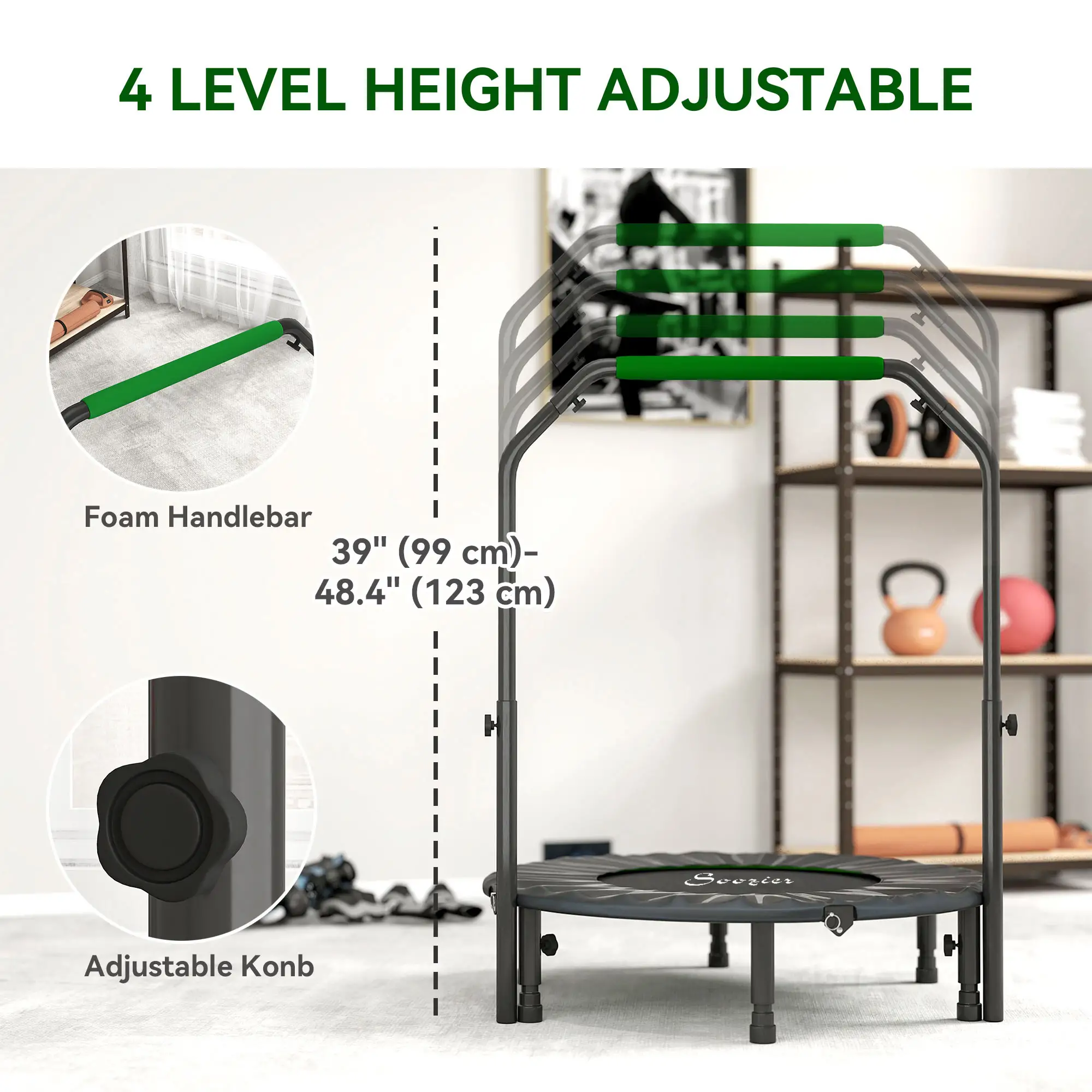 40" Foldable Mini Fitness Trampoline, Adjustable Foam Handle, Green - Image 4