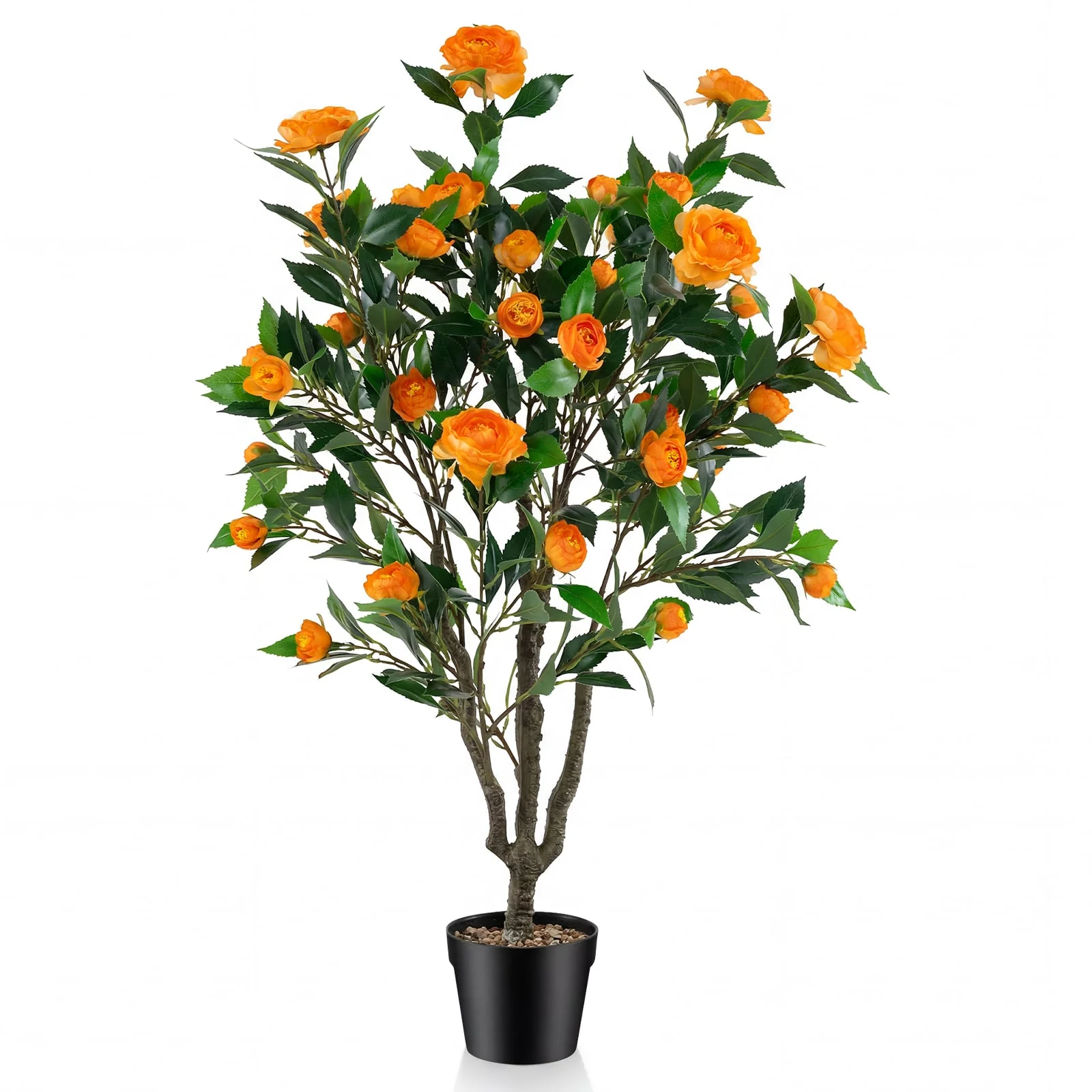 40 Inch Artificial Camellia Tree, 37 Flowers, River Stones, Orange