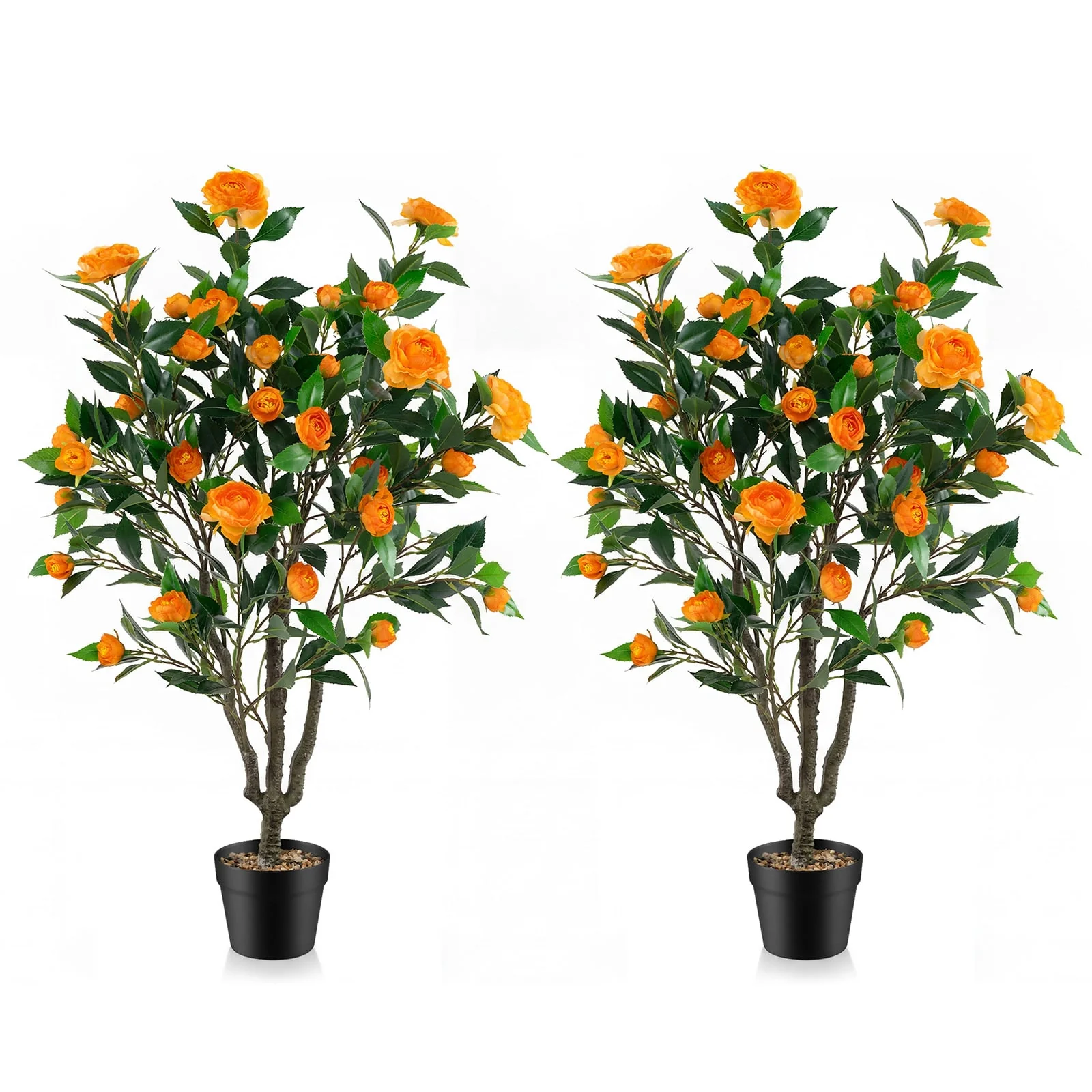 40 Inch Artificial Camellia Tree, 37 Flowers, River Stones, 2 Pack, Orange