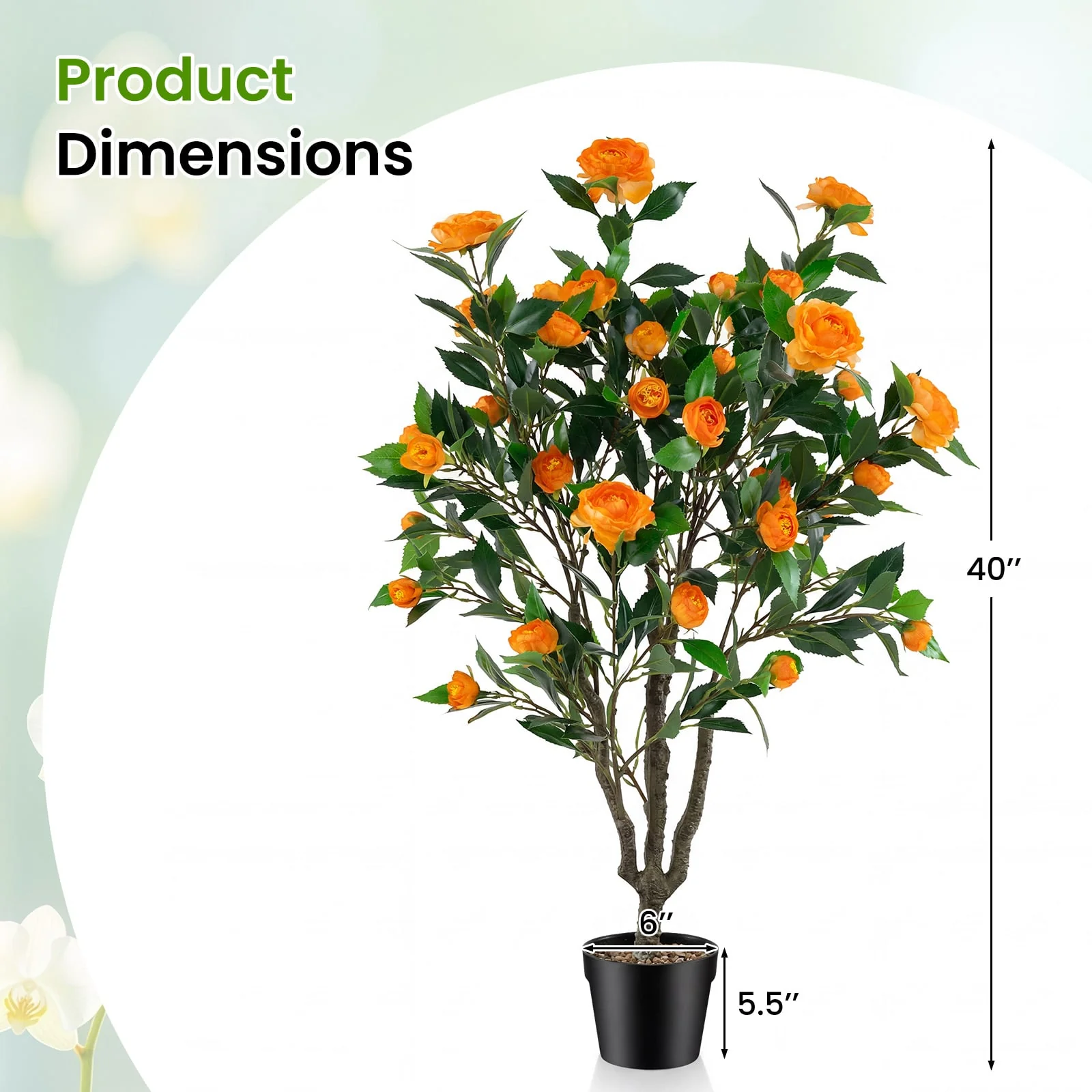 40 Inch Artificial Camellia Tree, 37 Flowers, River Stones, 2 Pack, Orange - Image 3