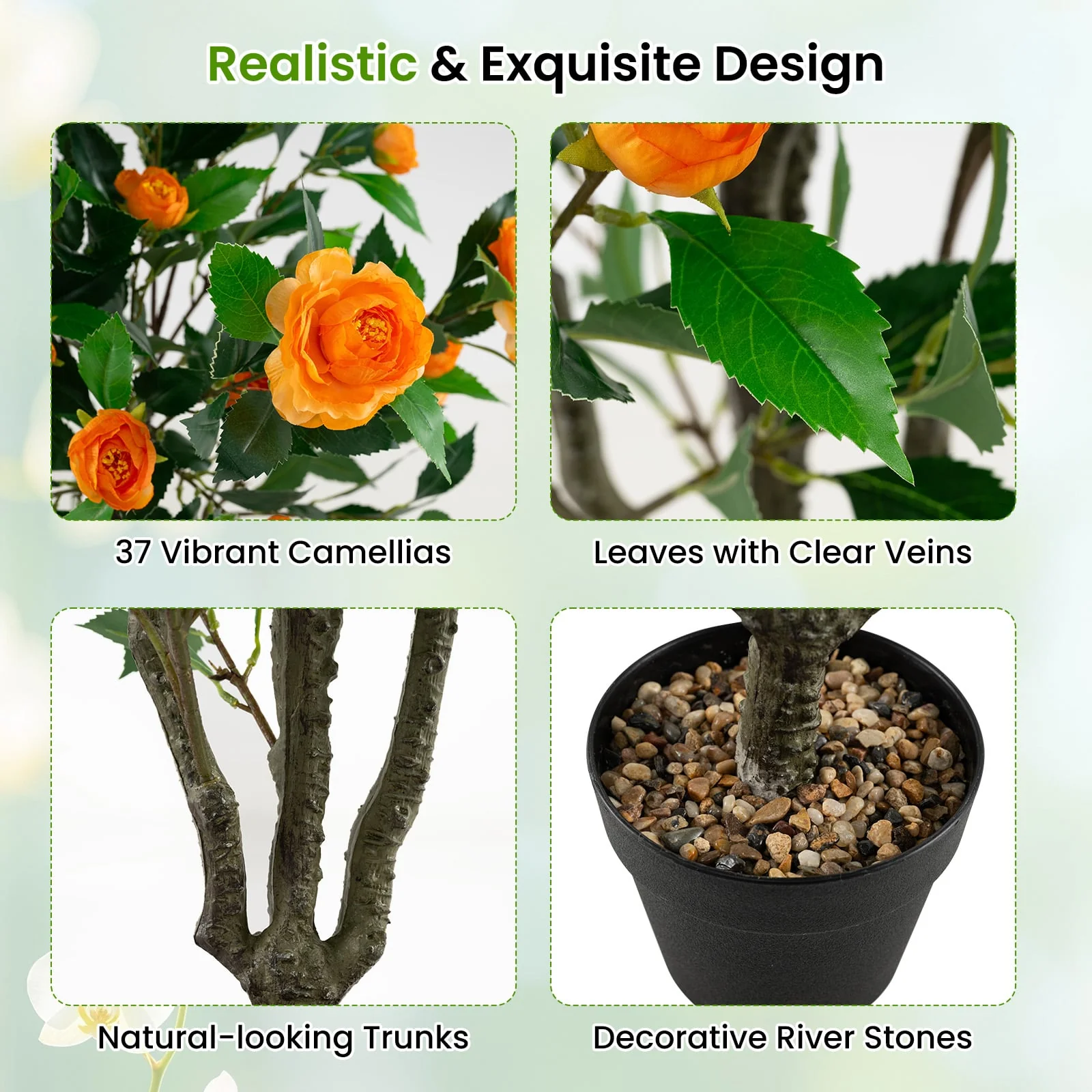 40 Inch Artificial Camellia Tree, 37 Flowers, River Stones, 2 Pack, Orange - Image 4