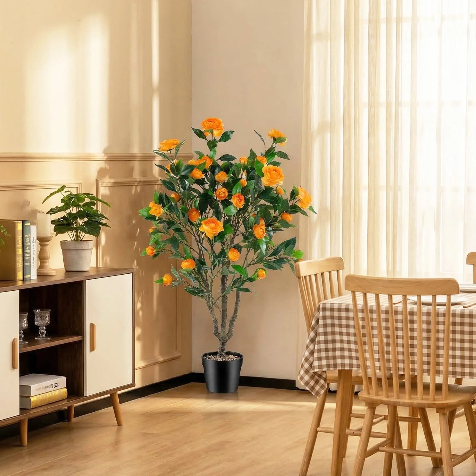 40 Inch Artificial Camellia Tree, 37 Flowers, River Stones, Orange - Image 2