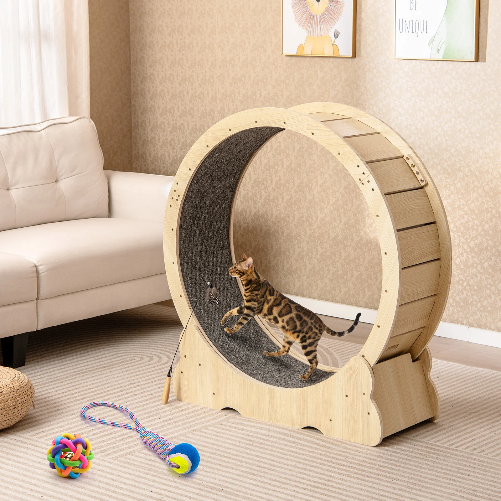 40 Inch Cat Exercise Wheel, Lockable, Carpeted Runway, Natural - Image 2