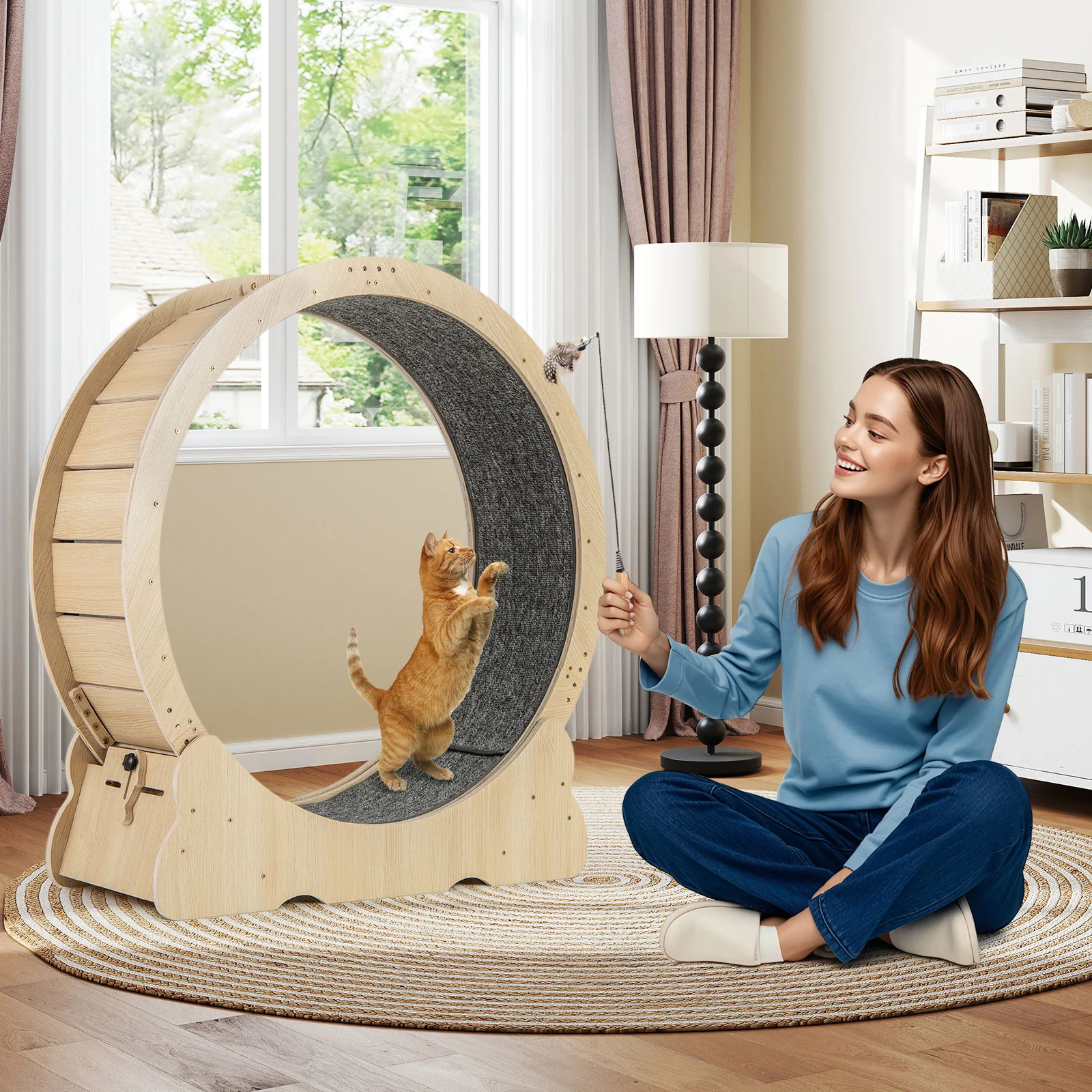 40 Inch Cat Exercise Wheel, Lockable, Carpeted Runway, Natural - Image 3
