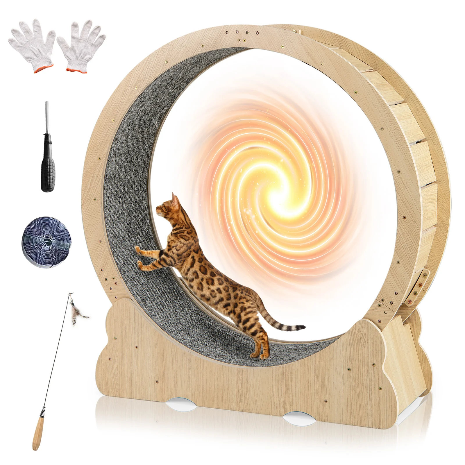 40 Inch Cat Exercise Wheel, Lockable, Carpeted Runway, Natural - Image 5
