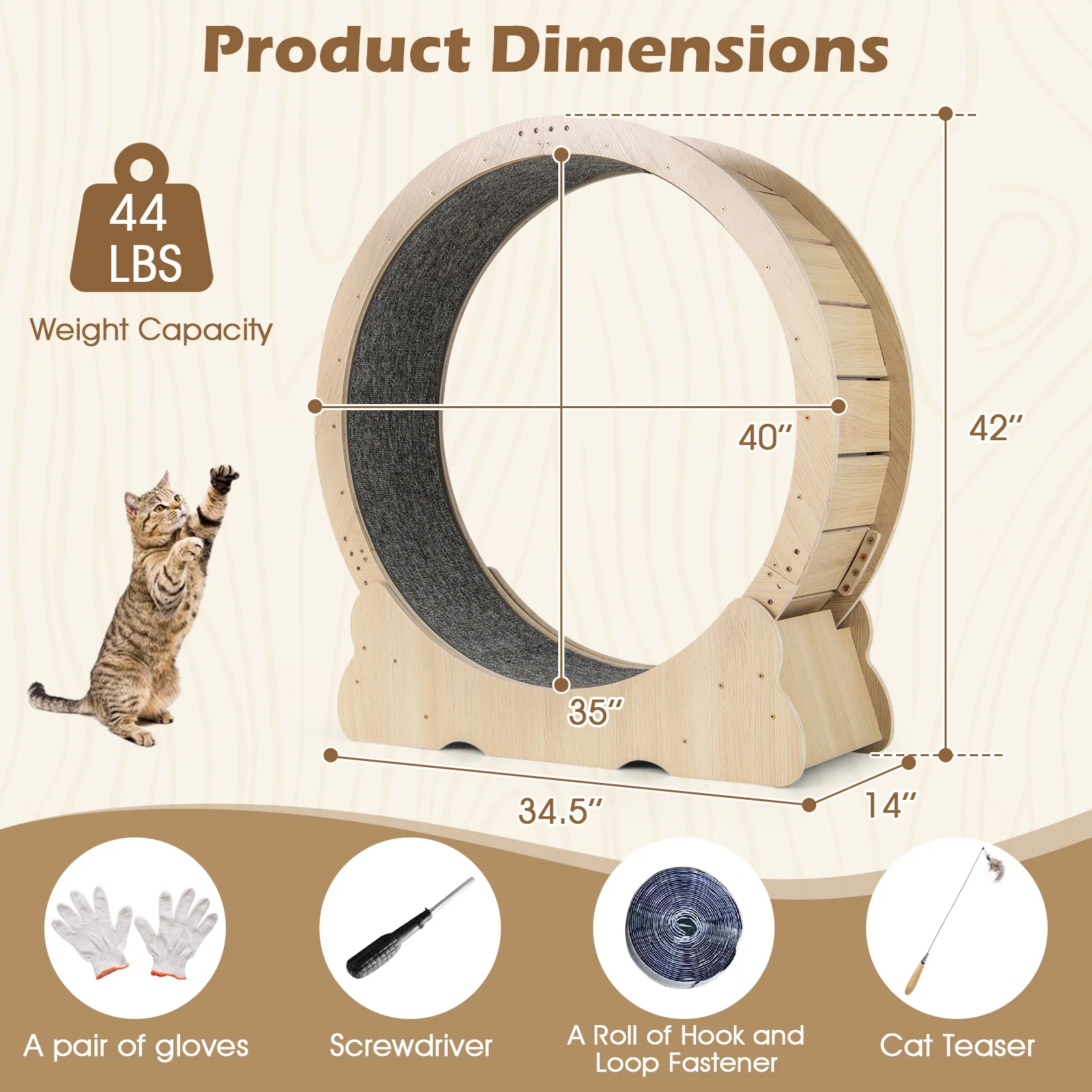 40 Inch Cat Exercise Wheel, Lockable, Carpeted Runway, Natural - Image 6