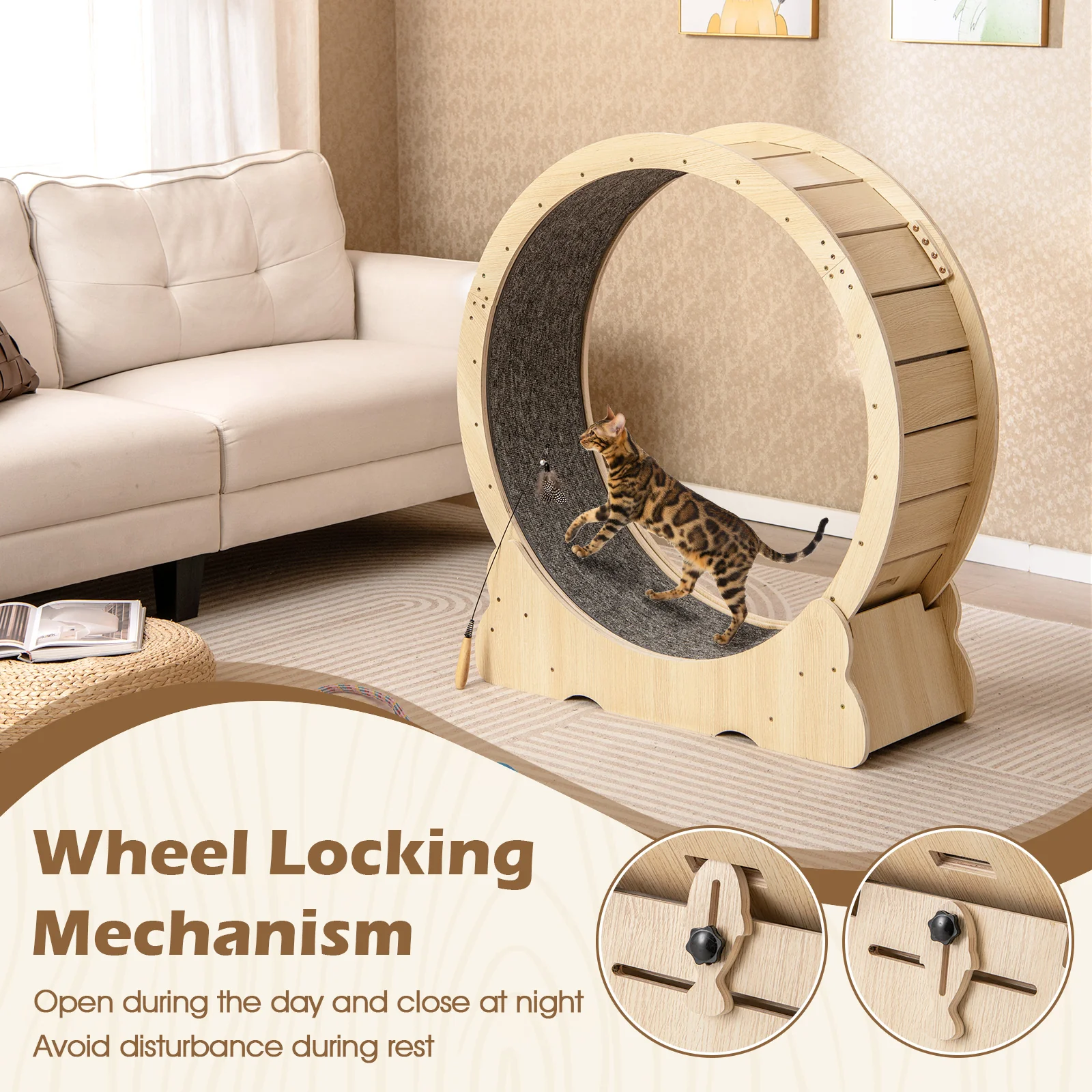 40 Inch Cat Exercise Wheel, Lockable, Carpeted Runway, Natural - Image 7