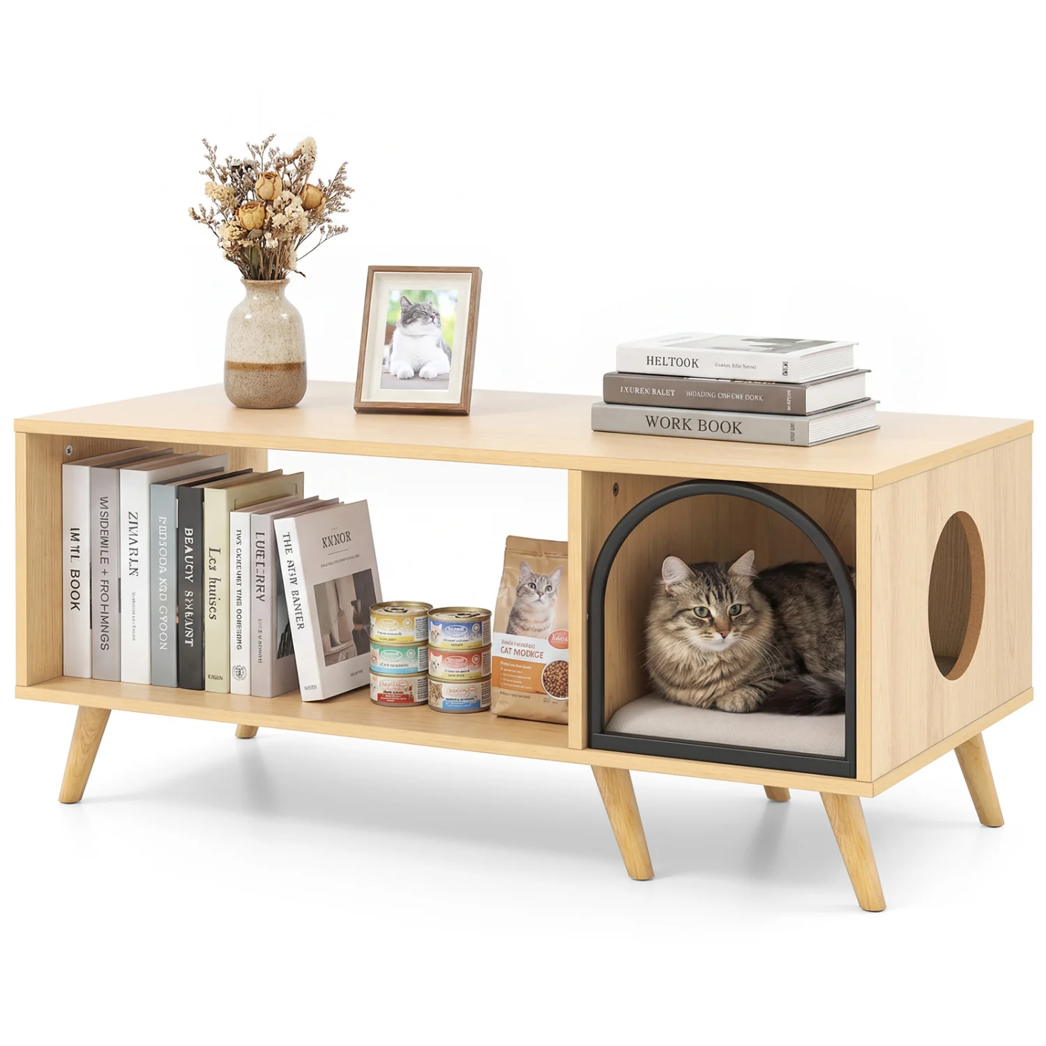 40 Inch Coffee Table Cat House 2-in-1 Wooden Kitten Furniture with Open Storage Shelf, Natural
