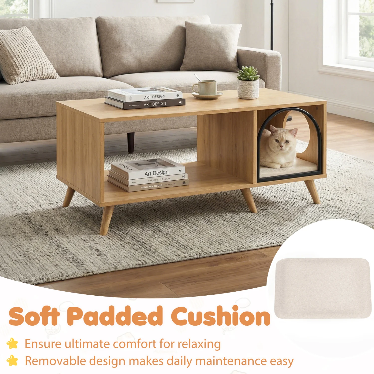 40 Inch Coffee Table Cat House 2-in-1 Wooden Kitten Furniture with Open Storage Shelf, Natural - Image 10