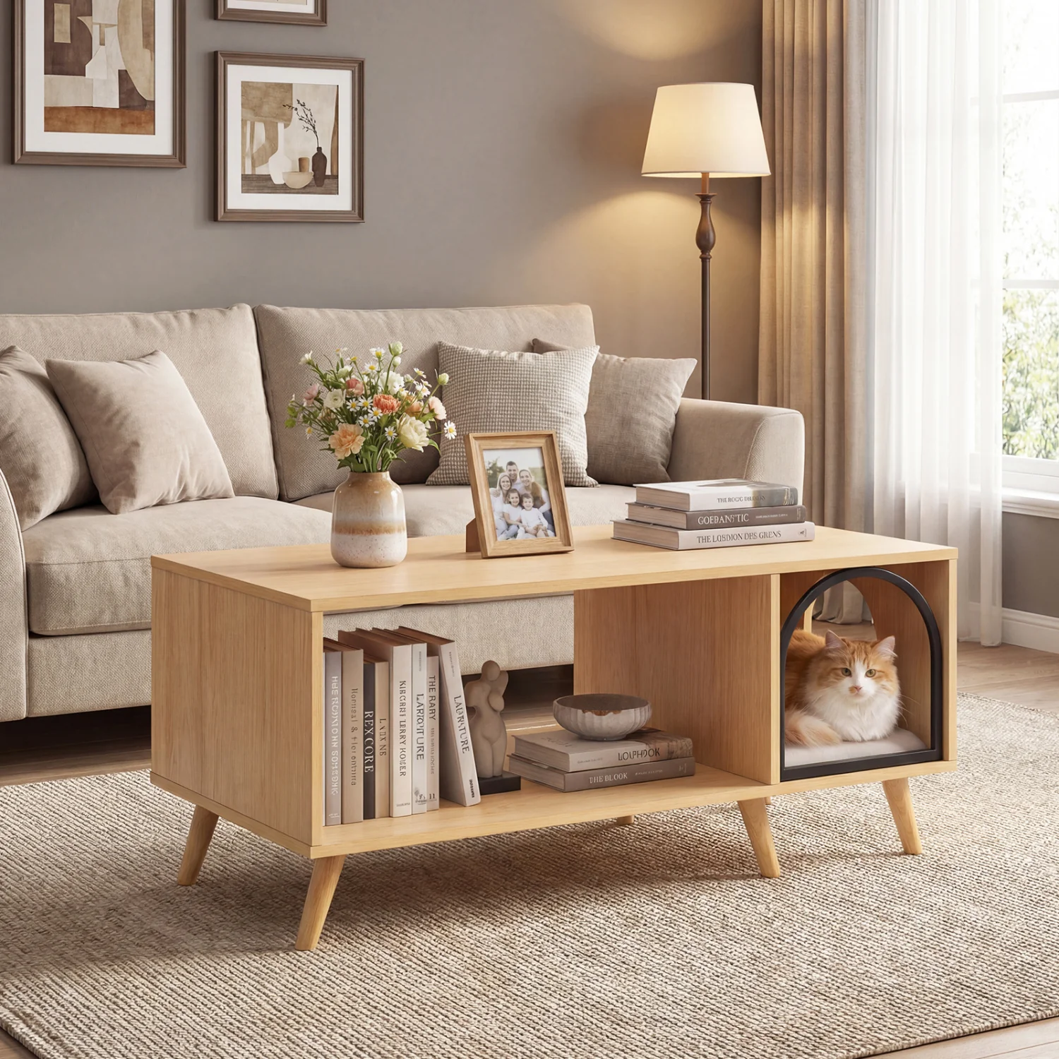40 Inch Coffee Table Cat House 2-in-1 Wooden Kitten Furniture with Open Storage Shelf, Natural - Image 2