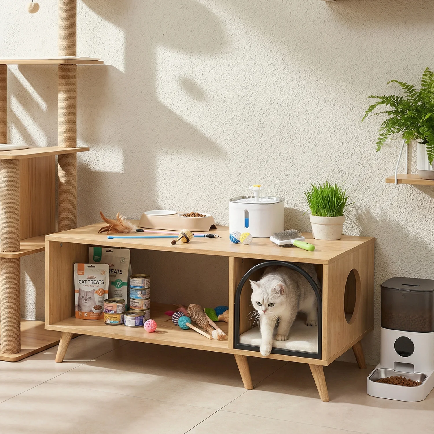 40 Inch Coffee Table Cat House 2-in-1 Wooden Kitten Furniture with Open Storage Shelf, Natural - Image 3
