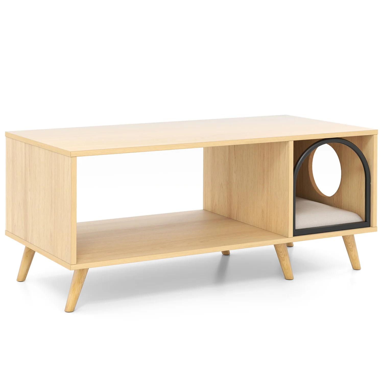 40 Inch Coffee Table Cat House 2-in-1 Wooden Kitten Furniture with Open Storage Shelf, Natural - Image 5