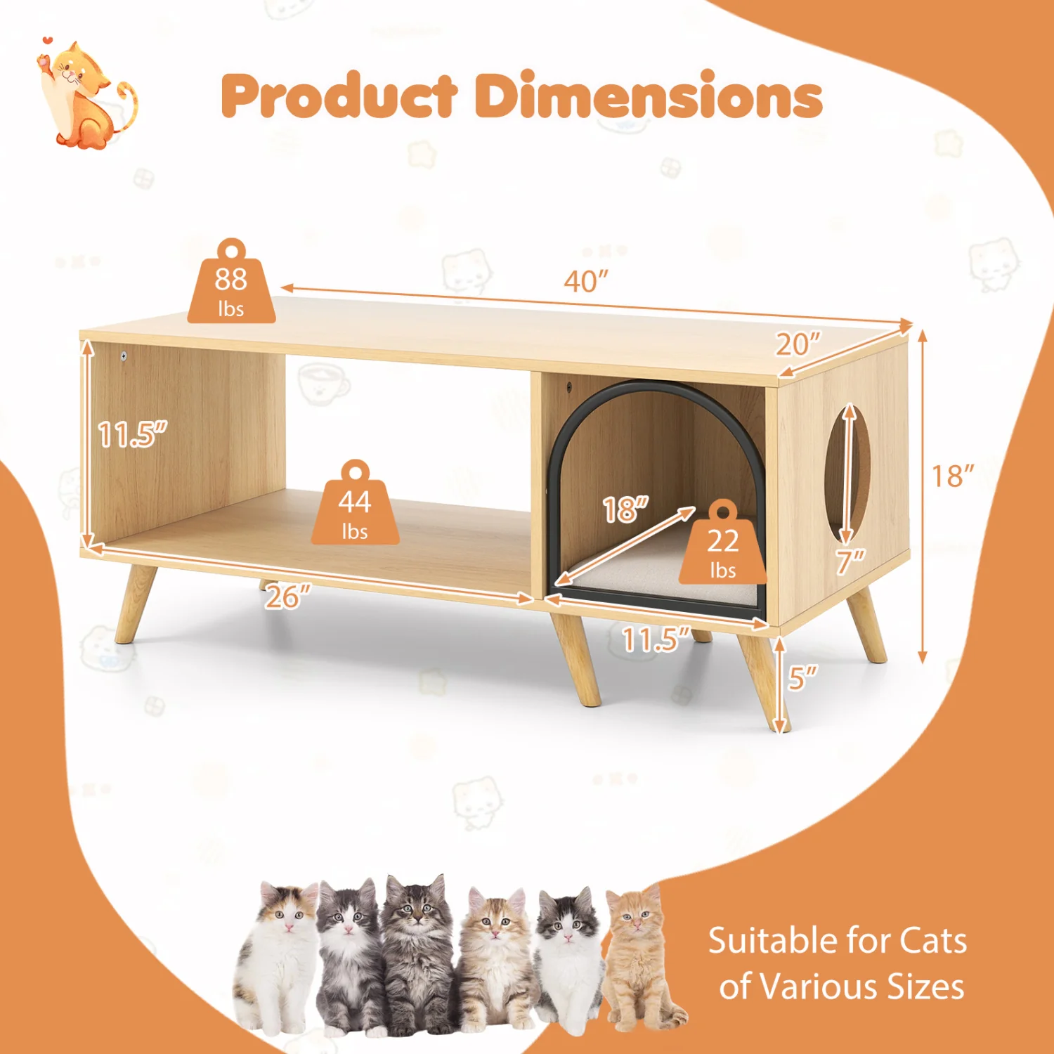 40 Inch Coffee Table Cat House 2-in-1 Wooden Kitten Furniture with Open Storage Shelf, Natural - Image 6