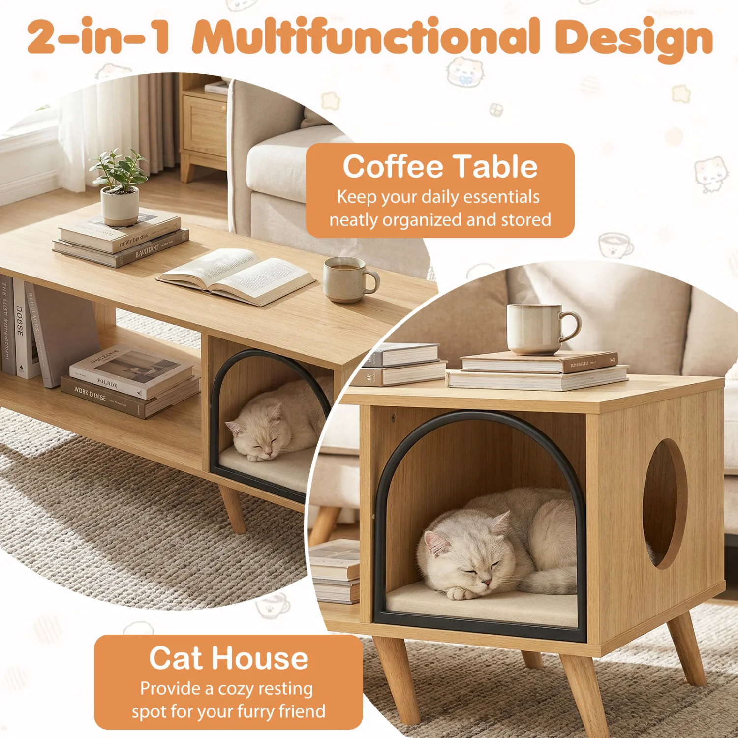 40 Inch Coffee Table Cat House 2-in-1 Wooden Kitten Furniture with Open Storage Shelf, Natural - Image 7