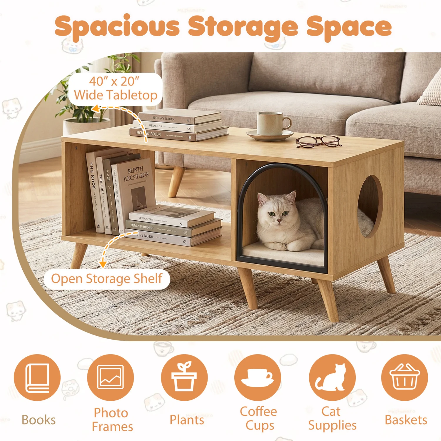 40 Inch Coffee Table Cat House 2-in-1 Wooden Kitten Furniture with Open Storage Shelf, Natural - Image 8