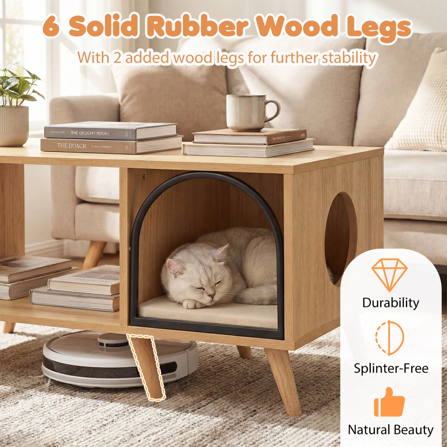 40 Inch Coffee Table Cat House 2-in-1 Wooden Kitten Furniture with Open Storage Shelf, Natural - Image 9