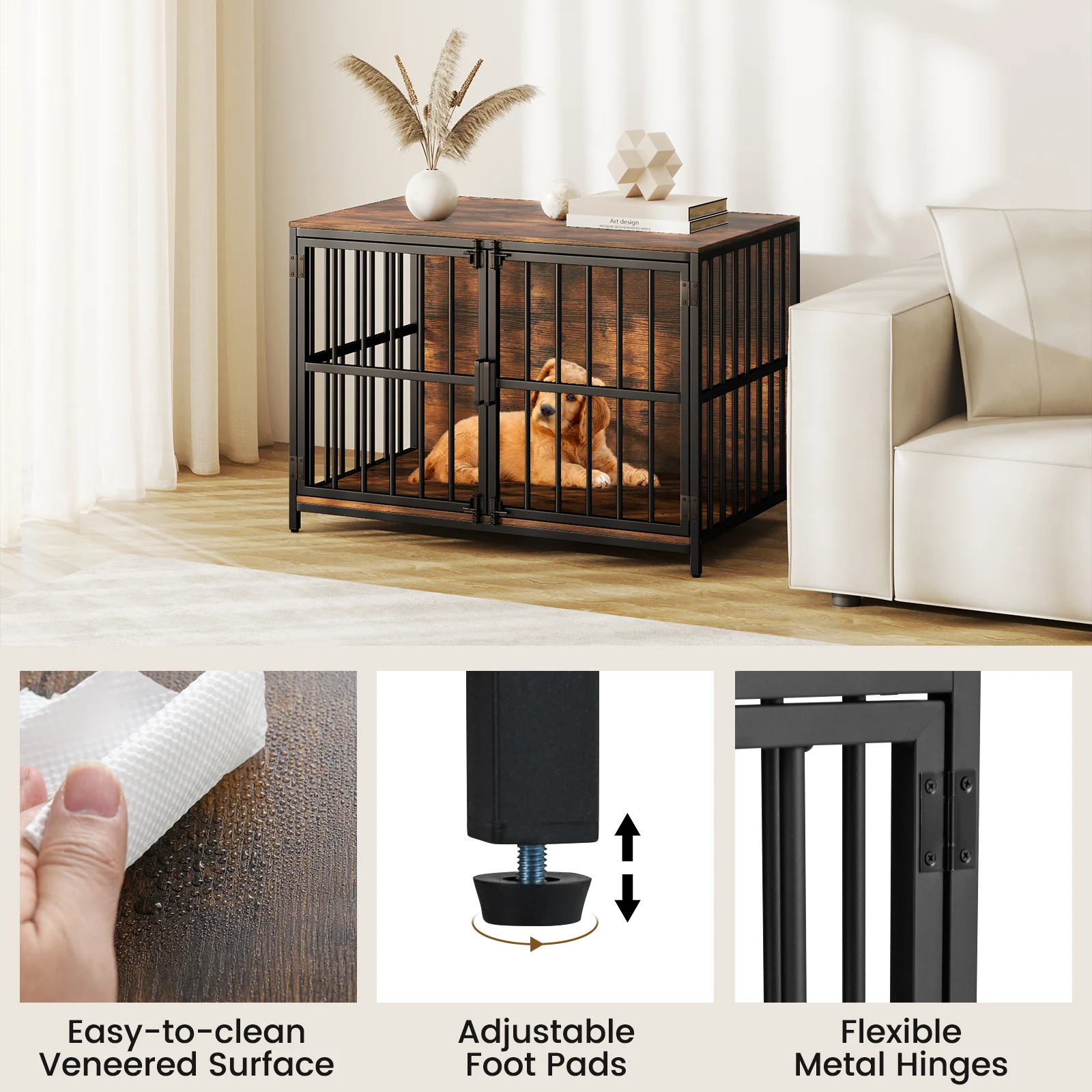 40 Inch Dog Crate Furniture, Dual Lockable Doors, Rustic Brown - Image 10
