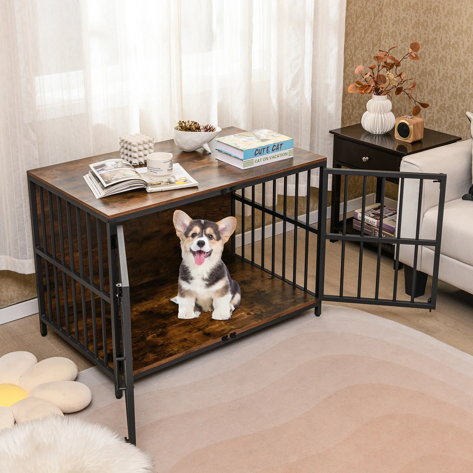 40 Inch Dog Crate Furniture, Dual Lockable Doors, Rustic Brown - Image 2