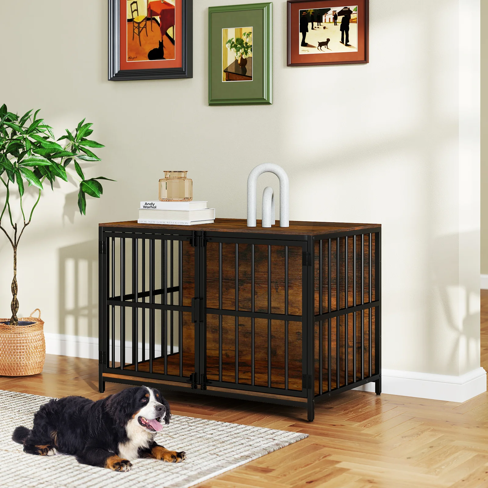 40 Inch Dog Crate Furniture, Dual Lockable Doors, Rustic Brown - Image 3