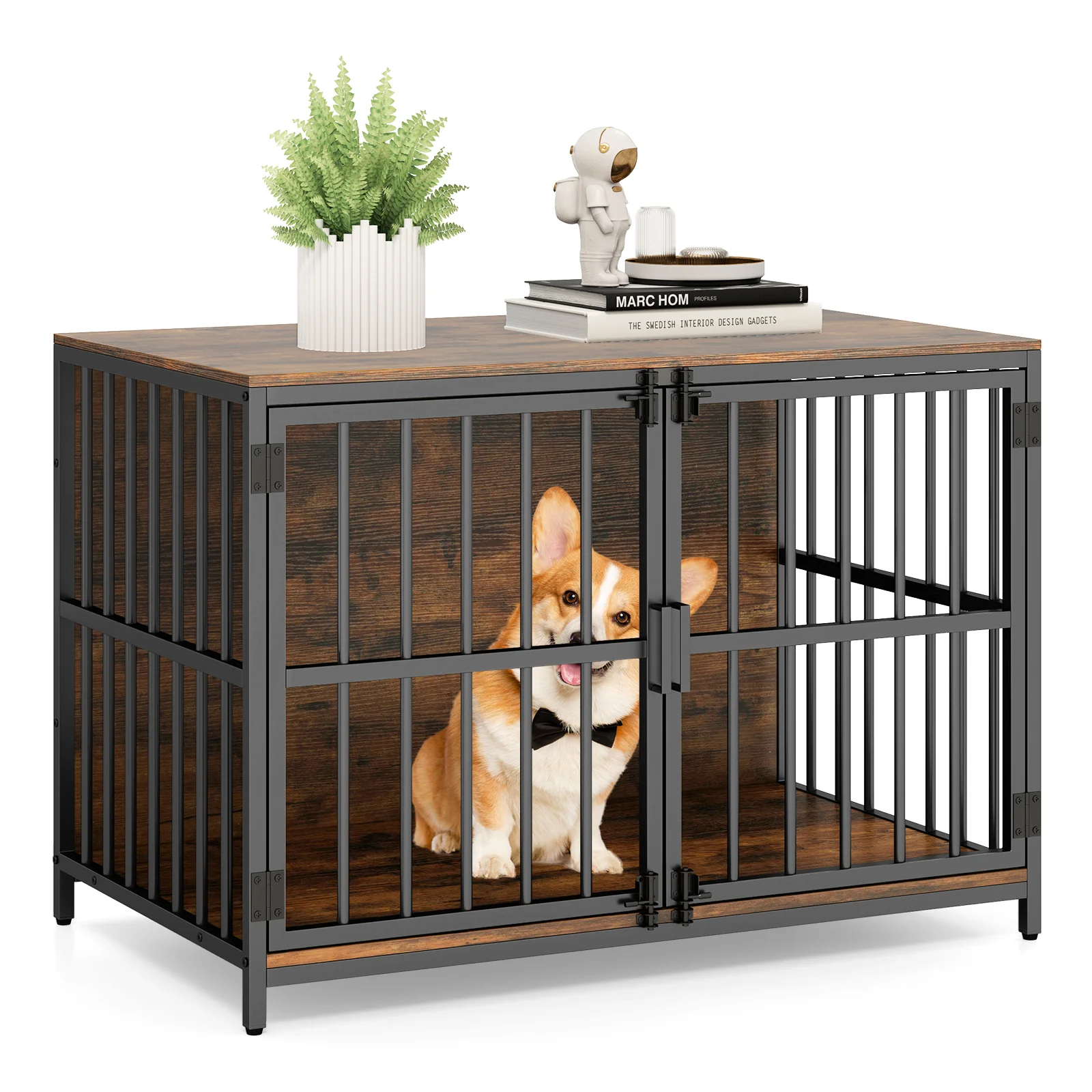 40 Inch Dog Crate Furniture, Dual Lockable Doors, Rustic Brown - Image 5