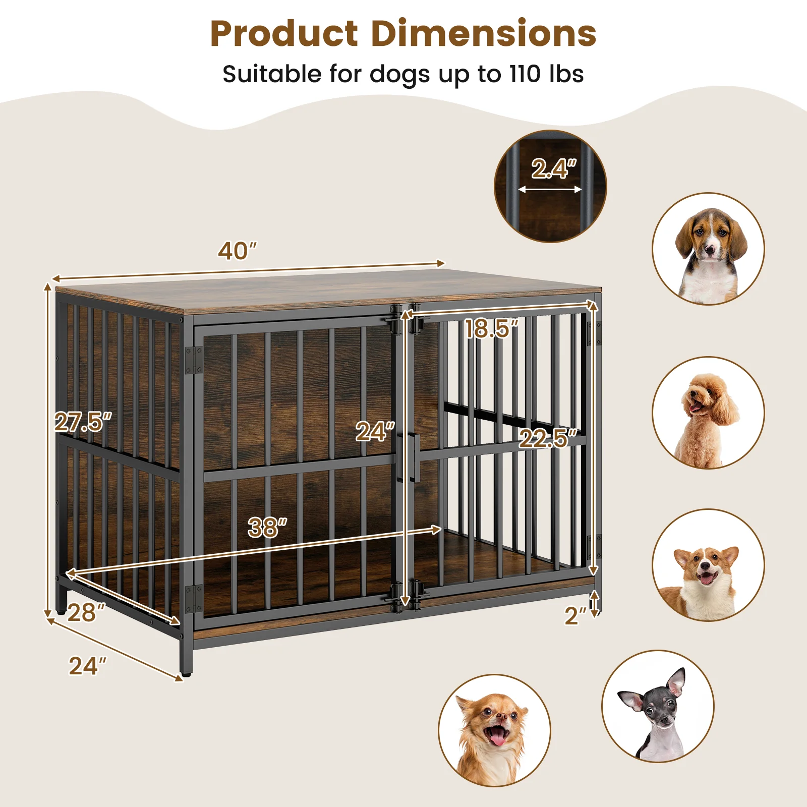 40 Inch Dog Crate Furniture, Dual Lockable Doors, Rustic Brown - Image 6