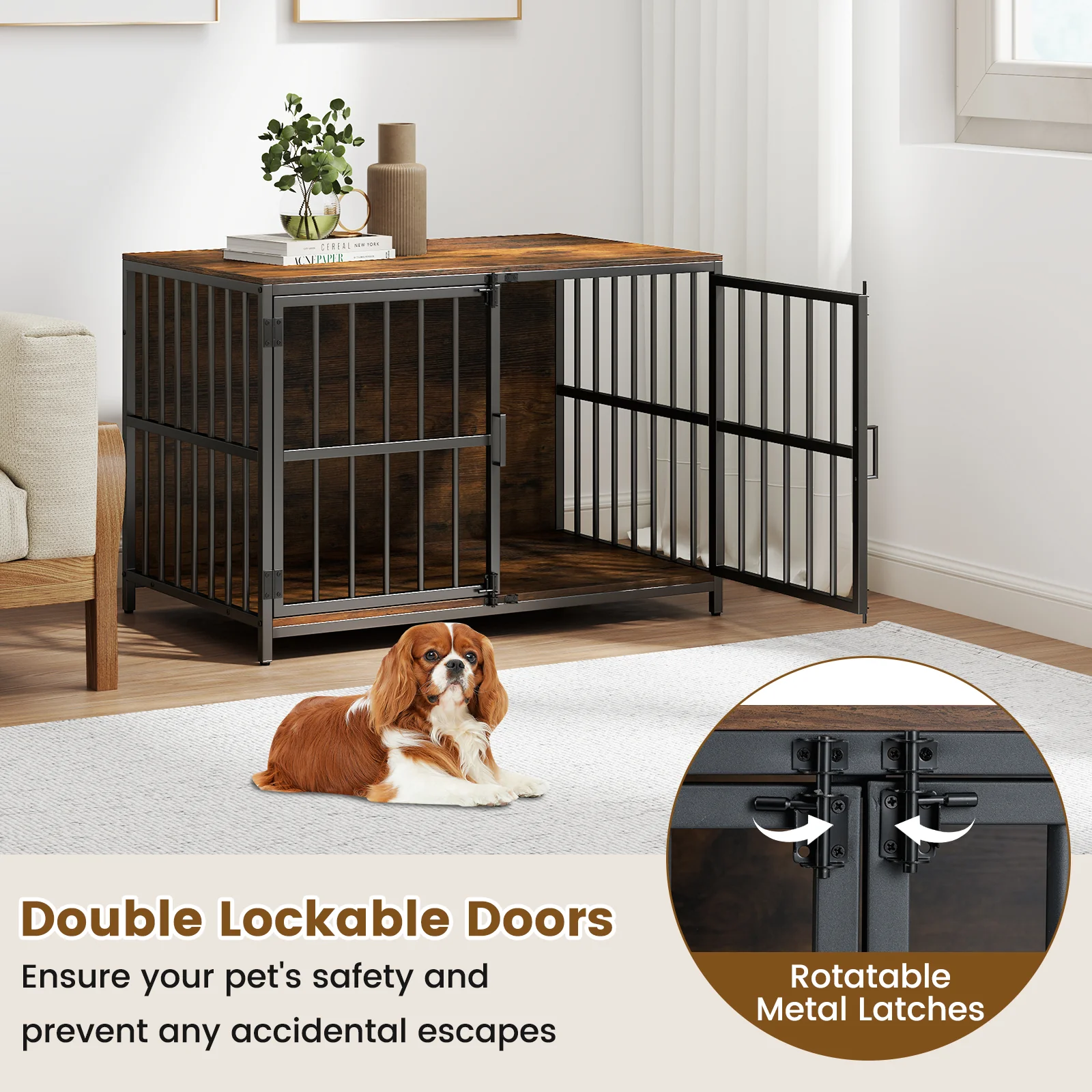 40 Inch Dog Crate Furniture, Dual Lockable Doors, Rustic Brown - Image 7