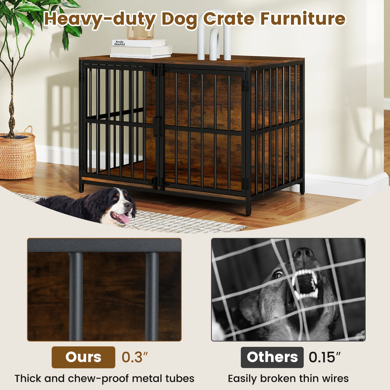 40 Inch Dog Crate Furniture, Dual Lockable Doors, Rustic Brown - Image 8