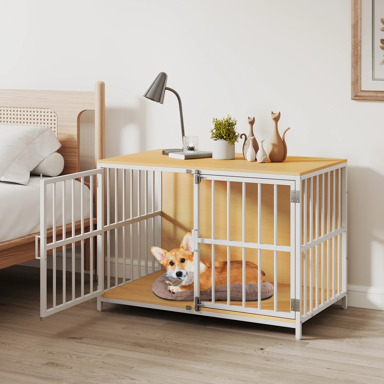 40 Inch Dog Crate Furniture With Dual Lockable Doors, Natural - Image 2